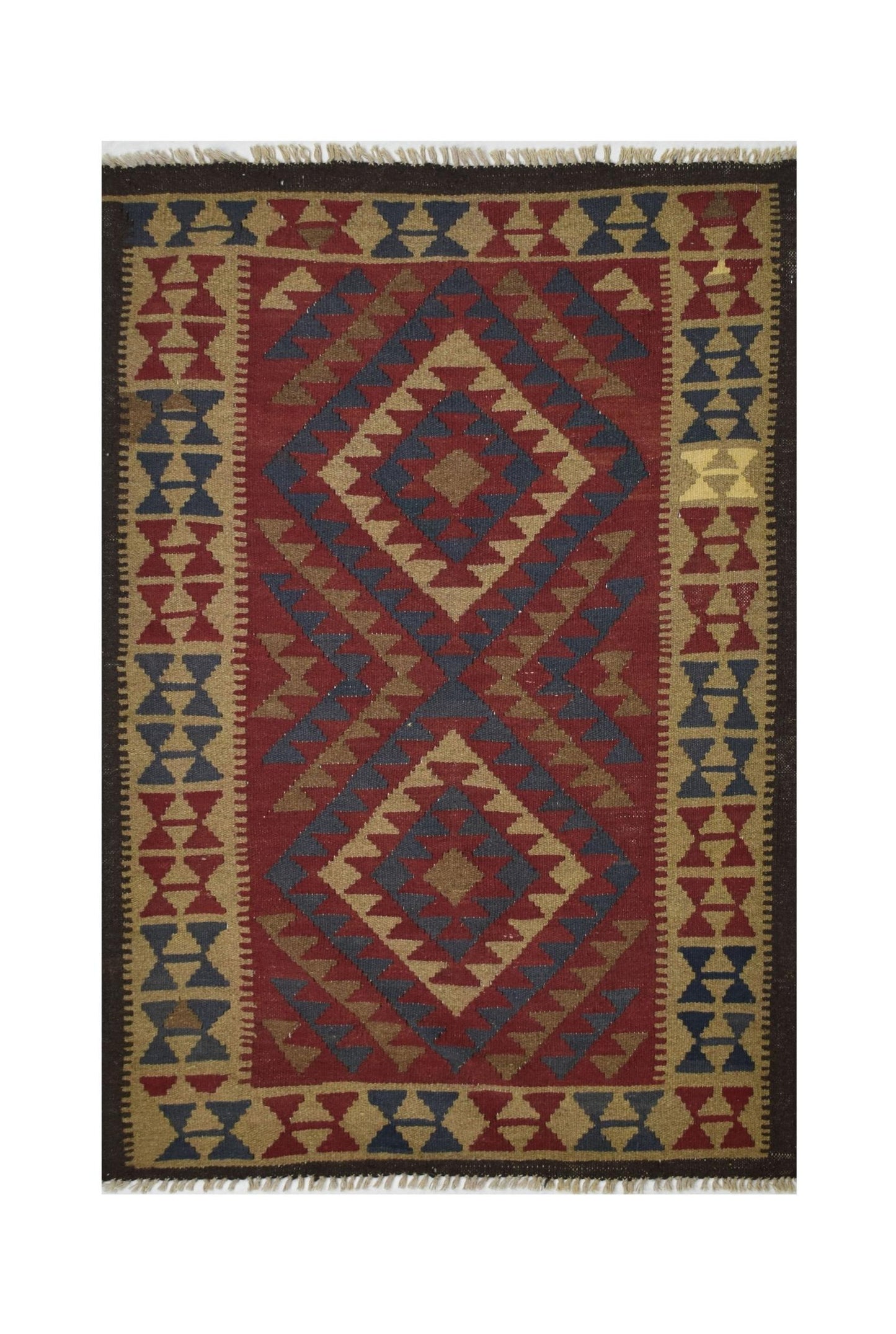 Handmade Afghan Maimana kilim rug featuring a geometric diamond pattern in red, blue, and tan.