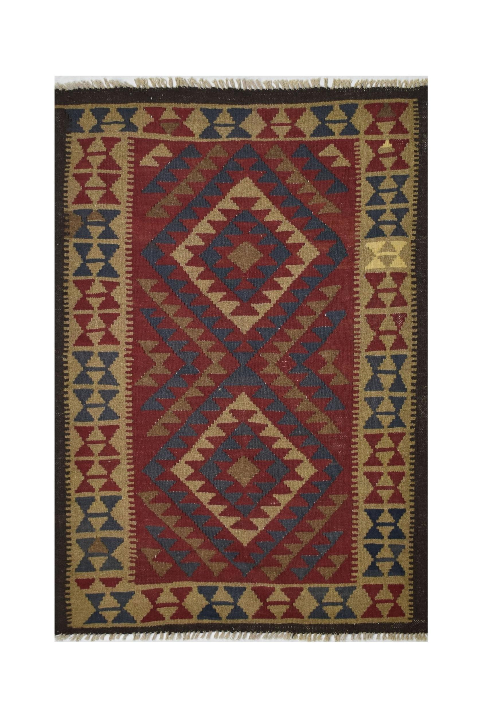 Handmade Afghan Maimana kilim rug featuring a geometric diamond pattern in red, blue, and tan.