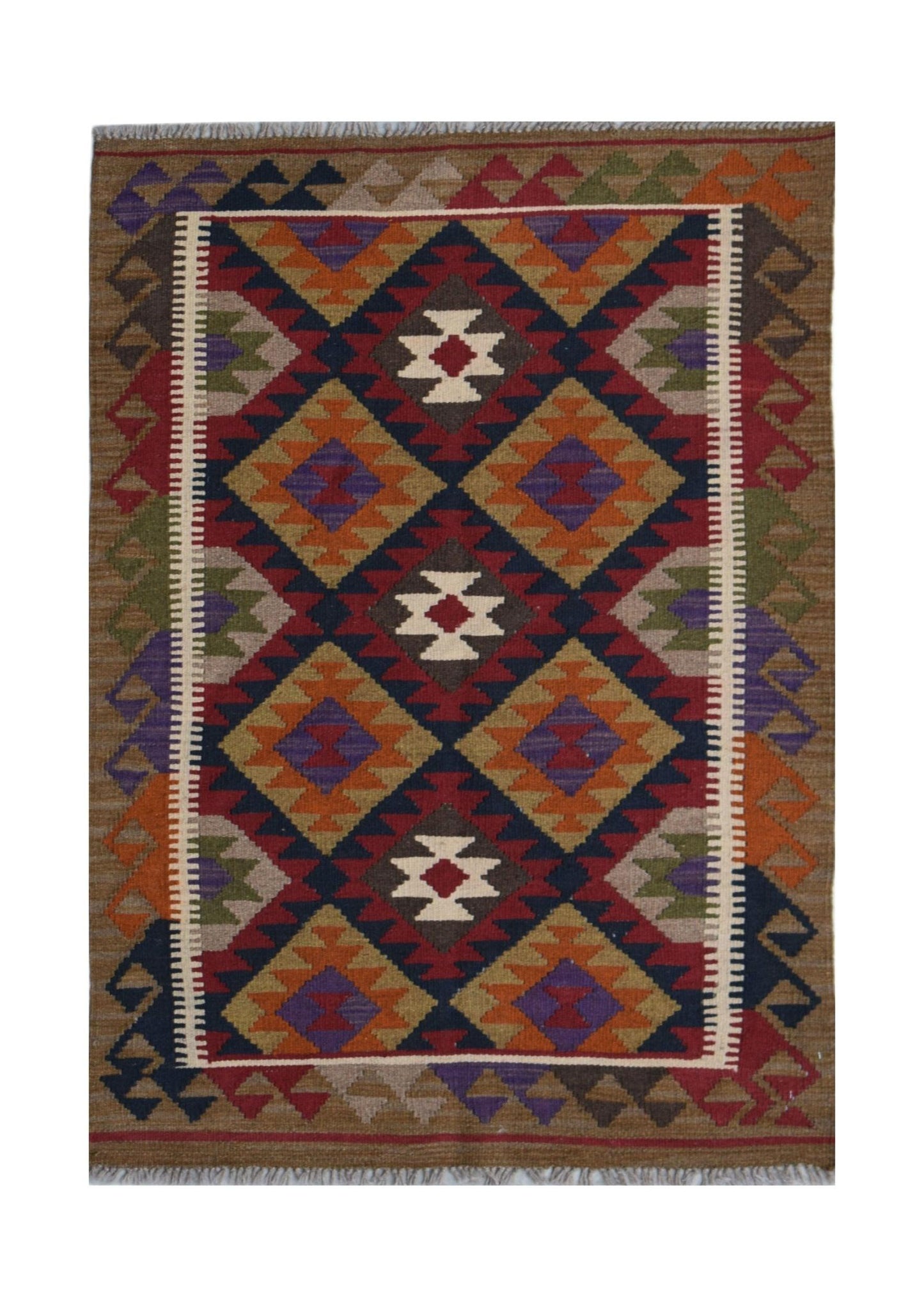 Handwoven Afghan Maimana kilim rug featuring a geometric diamond pattern in rich, earthy tones.