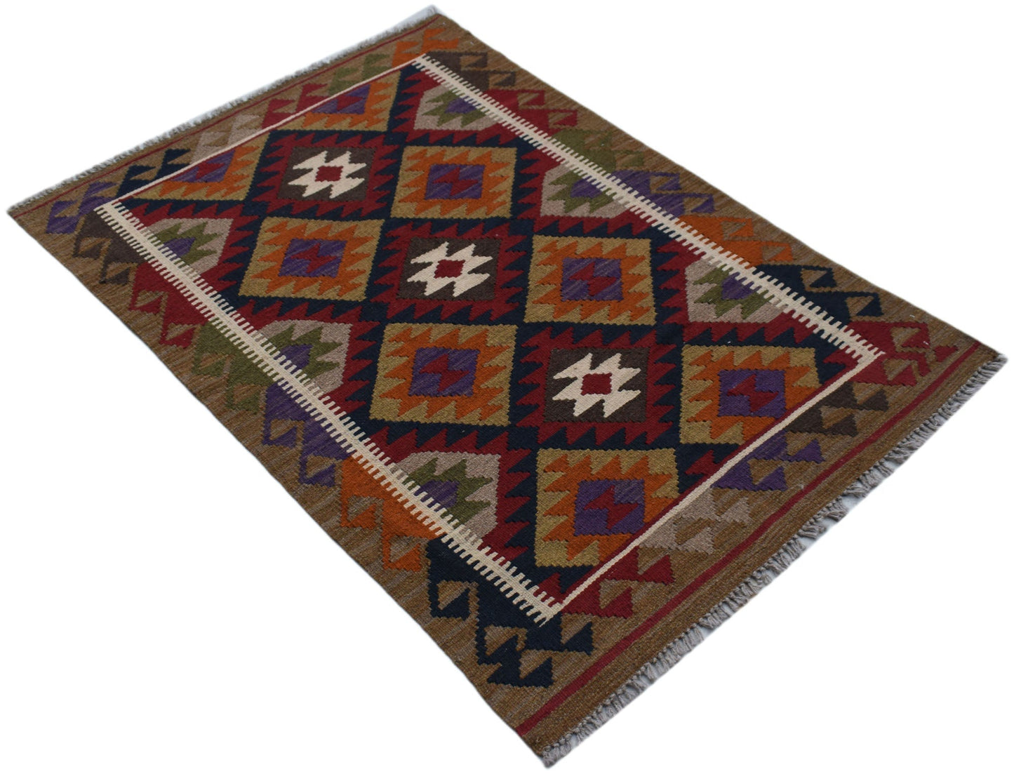 Handwoven Afghan Maimana kilim rug featuring a geometric diamond pattern in earthy tones.