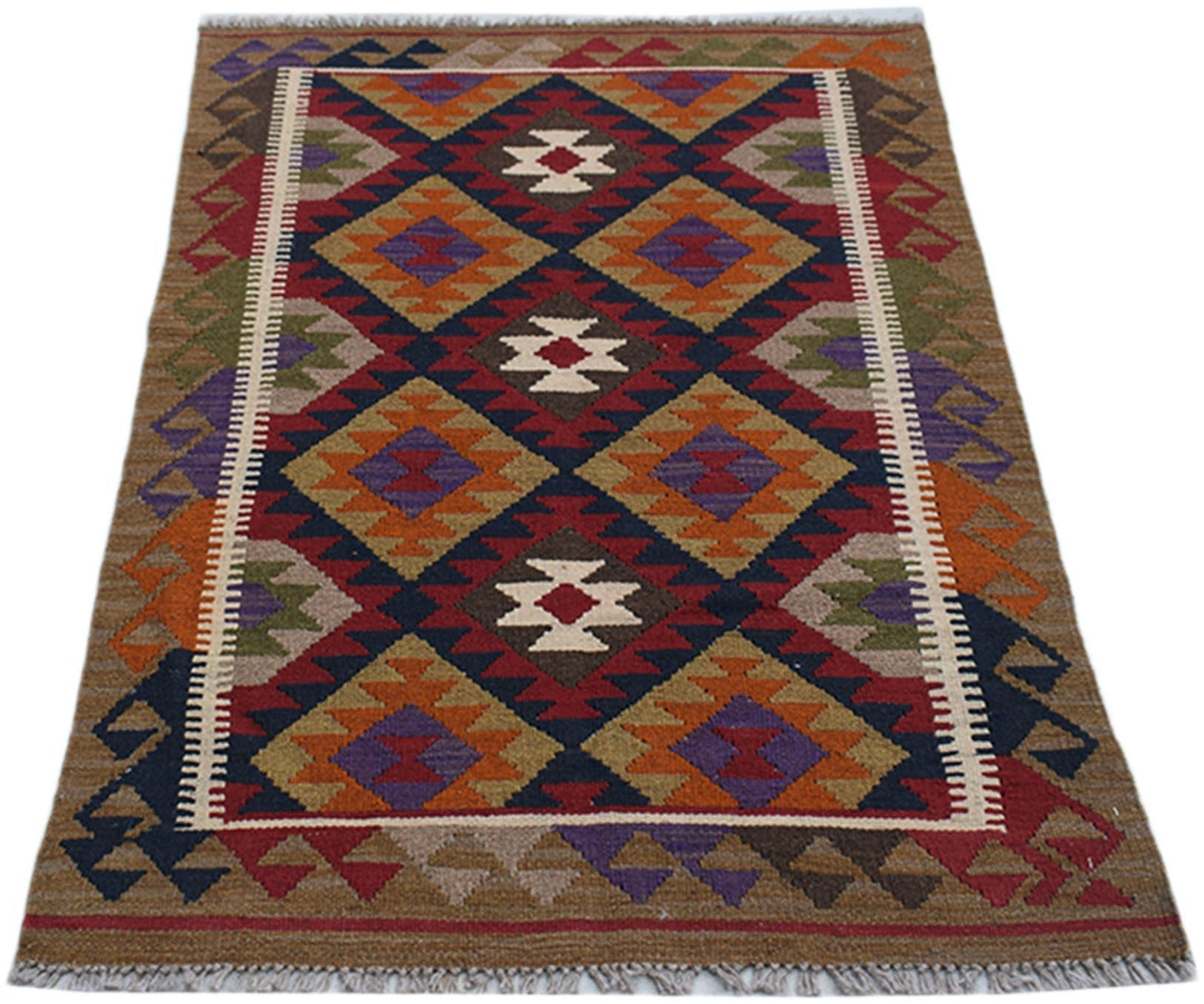 Handwoven Afghan Maimana kilim rug featuring a geometric diamond pattern in rich, earthy tones.