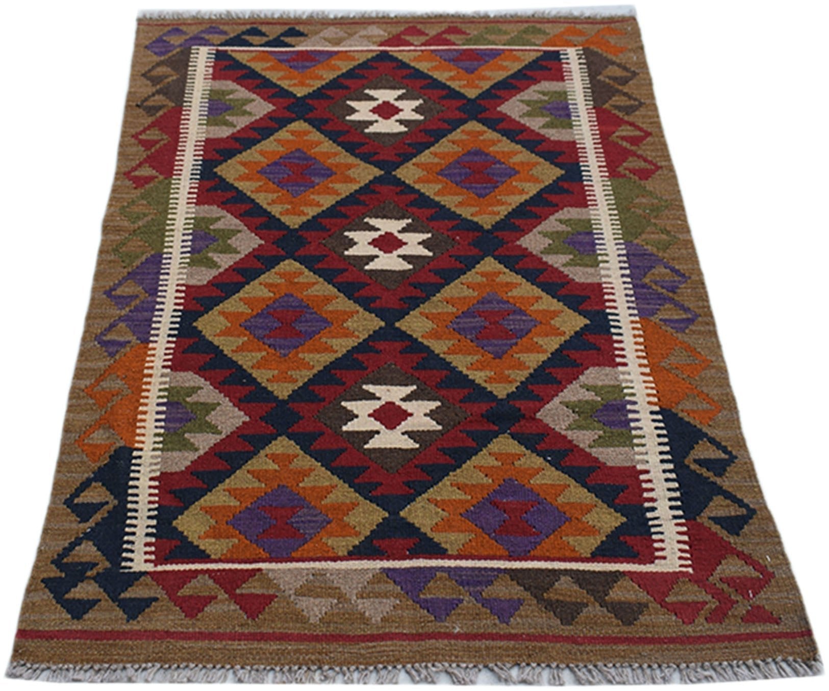 Handwoven Afghan Maimana kilim rug featuring a geometric diamond pattern in rich, earthy tones.