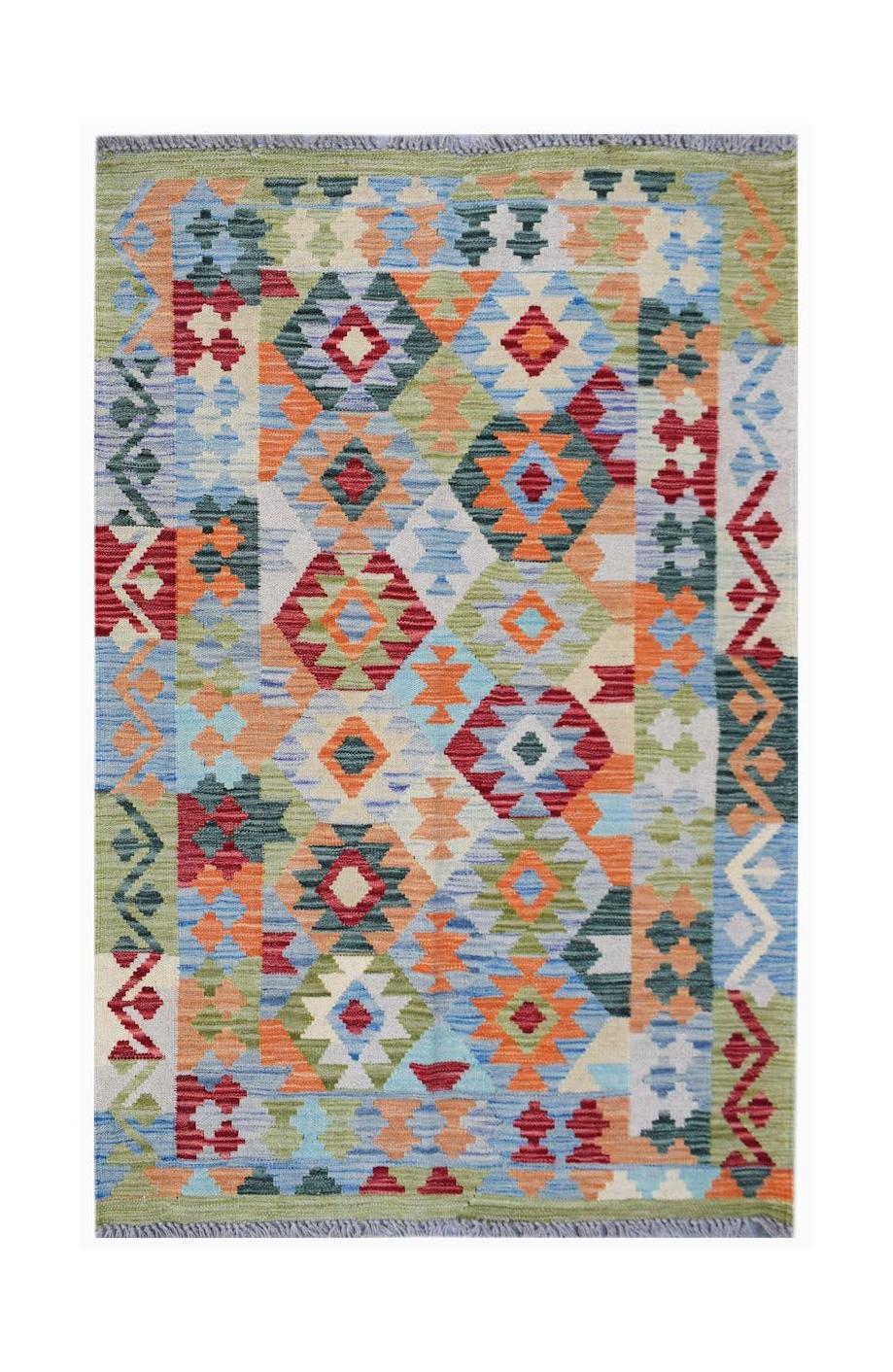 Handwoven Afghan Maimana kilim rug featuring a vibrant geometric pattern in multi-colored wool.
