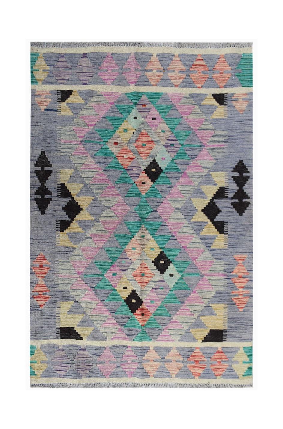 Handwoven Afghan Maimana kilim featuring a geometric diamond pattern in blue, pink, and teal.