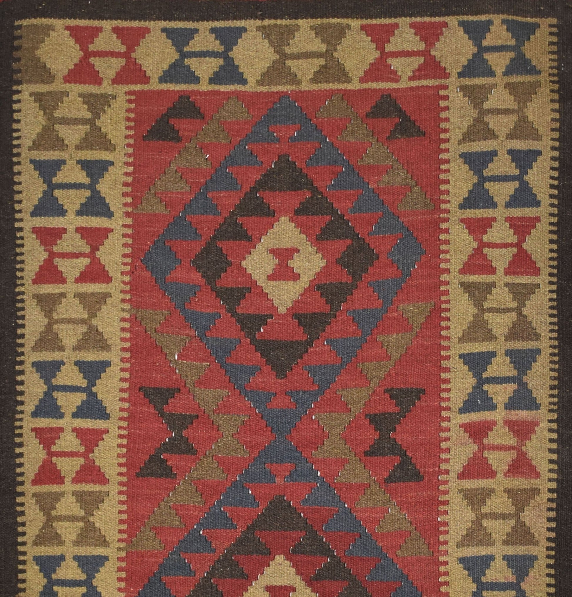 Handmade Afghan Maimana kilim rug featuring a geometric diamond pattern in red, blue, and tan.