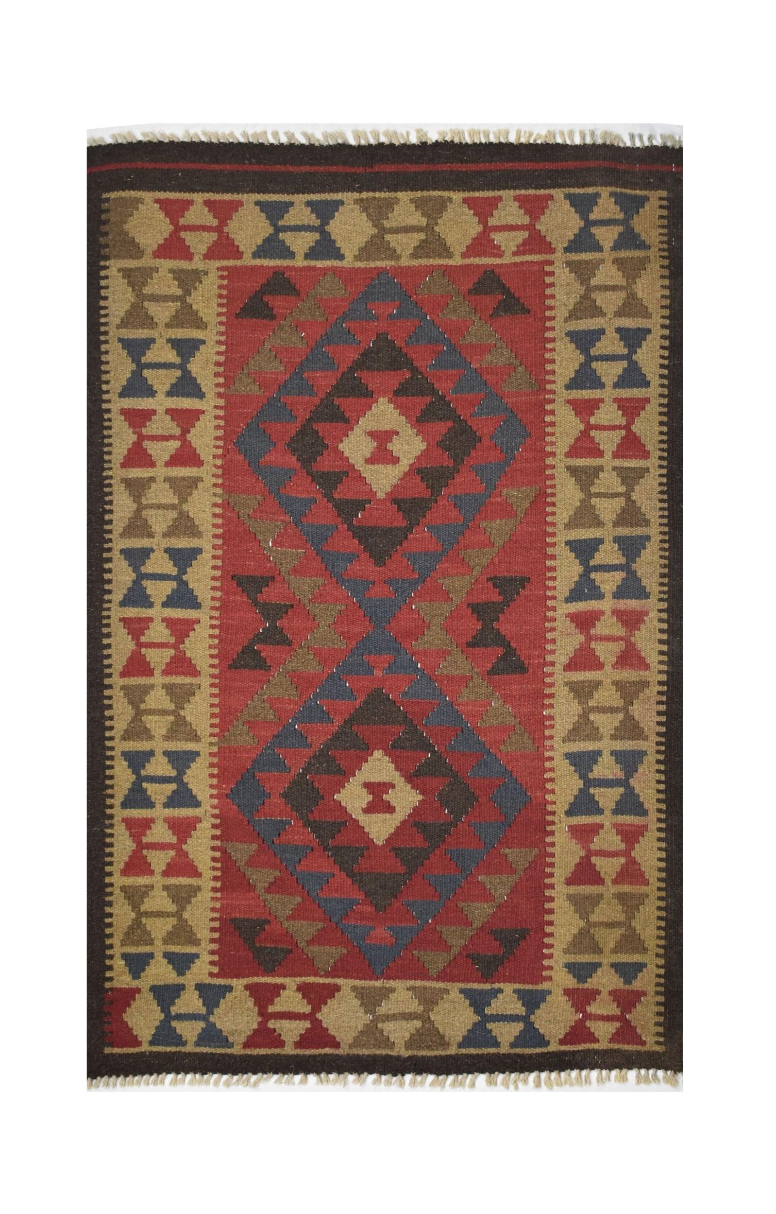 Handmade Afghan Maimana kilim rug featuring a geometric diamond pattern in red, blue, and tan.
