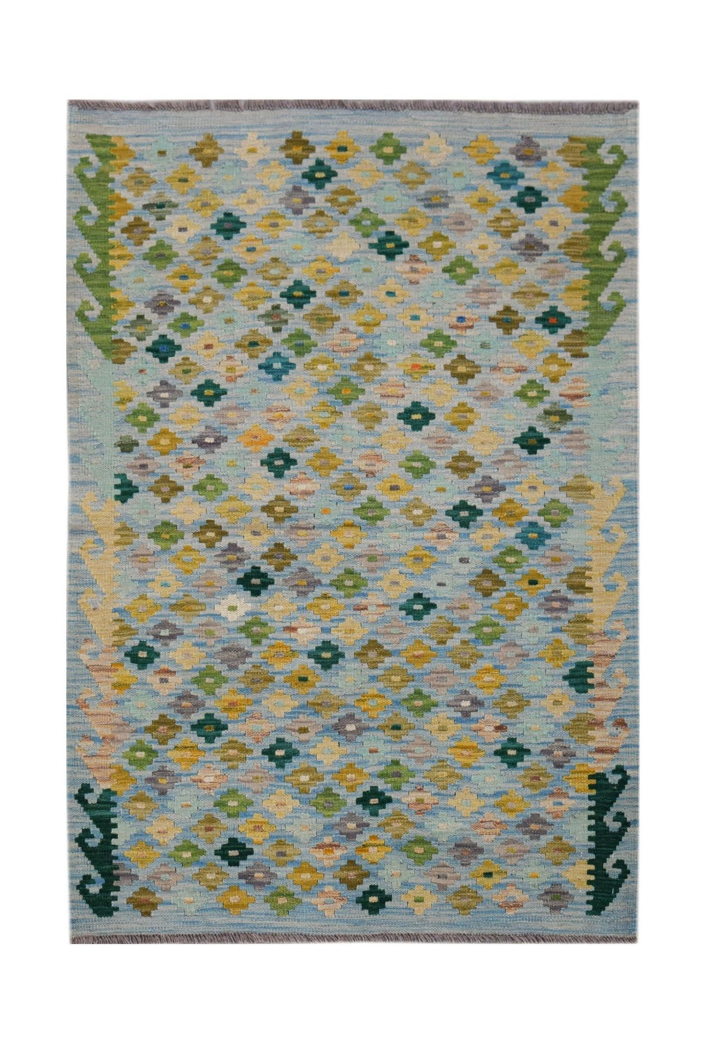 Handwoven Afghan Maimana kilim rug featuring a light blue field with colorful geometric patterns.