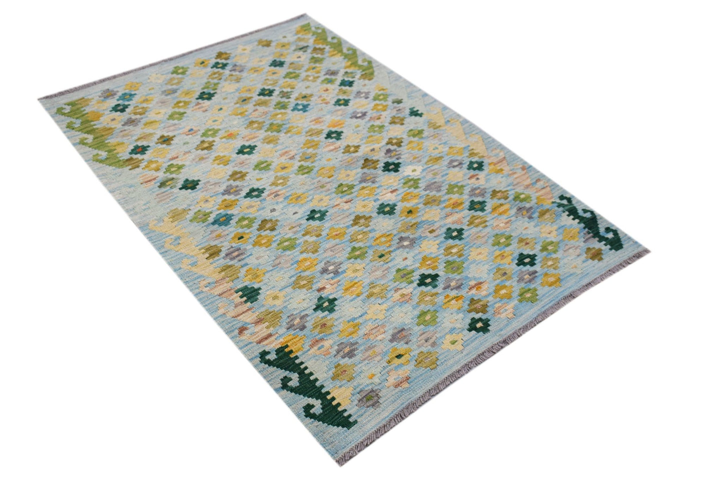 A handmade Afghan Maimana kilim rug featuring a light blue background with a colorful geometric pattern.