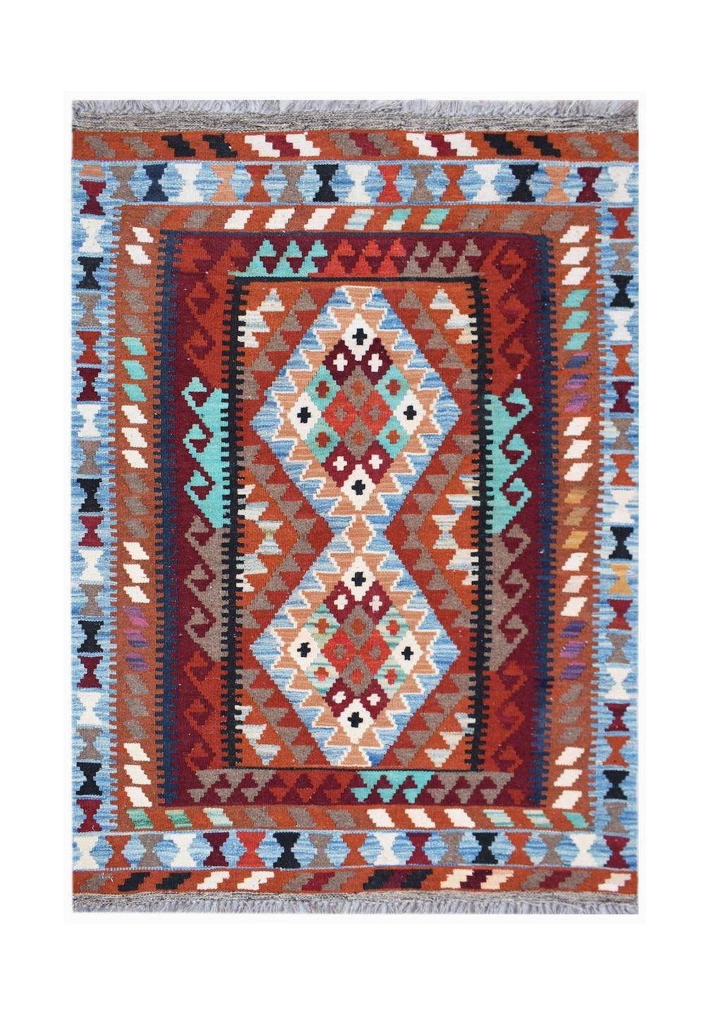 Handwoven Afghan Maimana kilim rug featuring a geometric diamond pattern in rich earthy tones.
