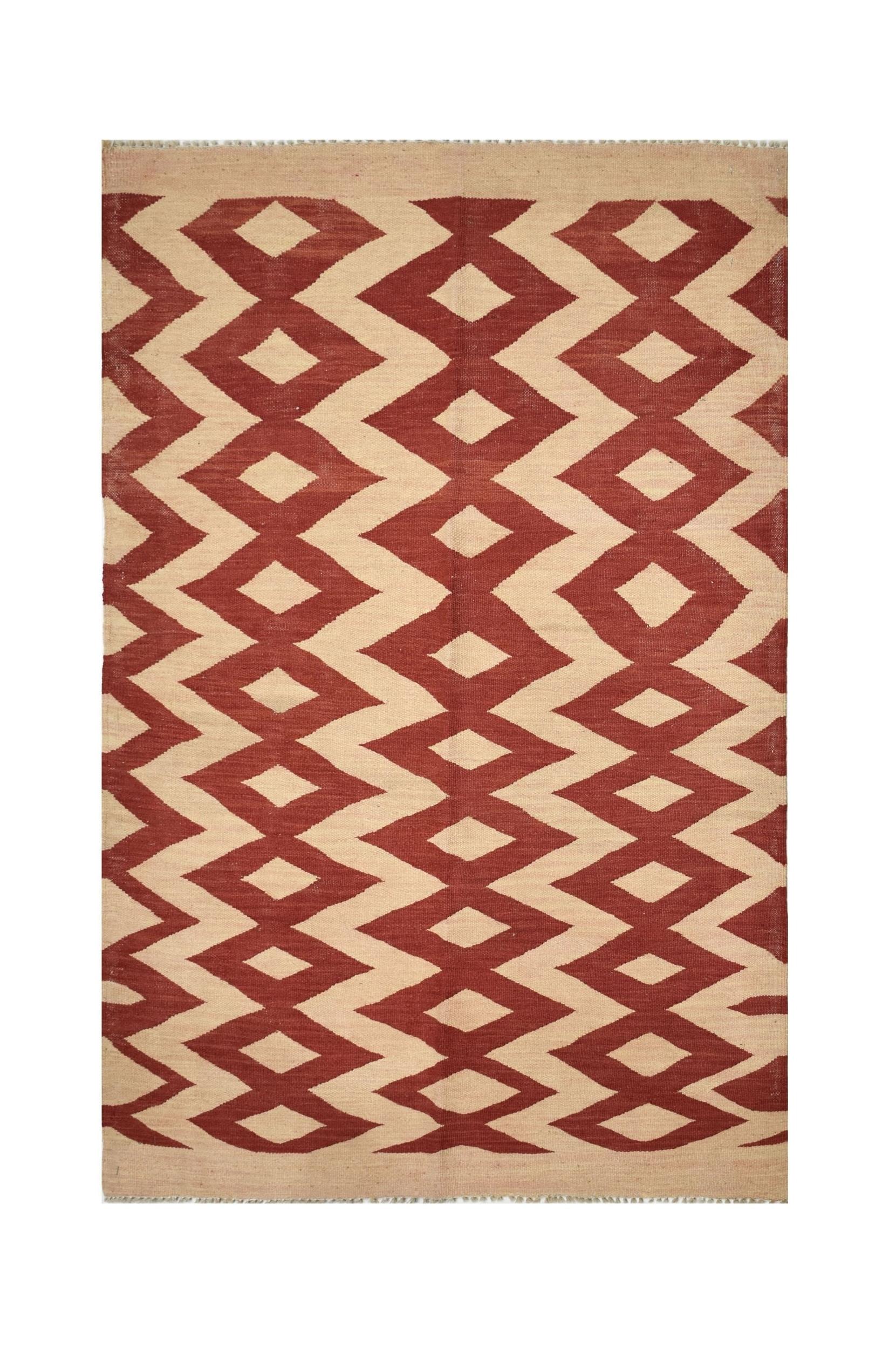Handmade Afghan Maimana kilim rug featuring a geometric diamond pattern in red and natural wool.