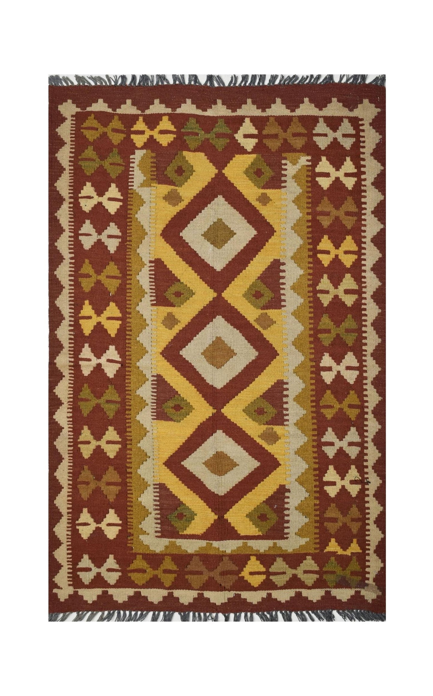 Handmade Afghan Maimana kilim rug featuring a geometric diamond pattern in earthy tones.