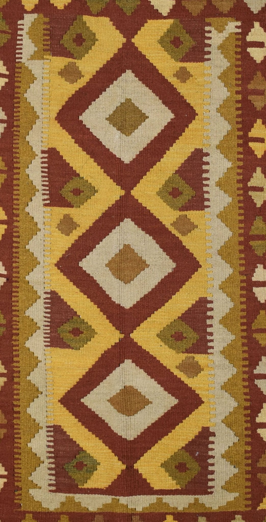 Handmade Afghan Maimana kilim rug featuring a geometric diamond pattern in earthy tones.