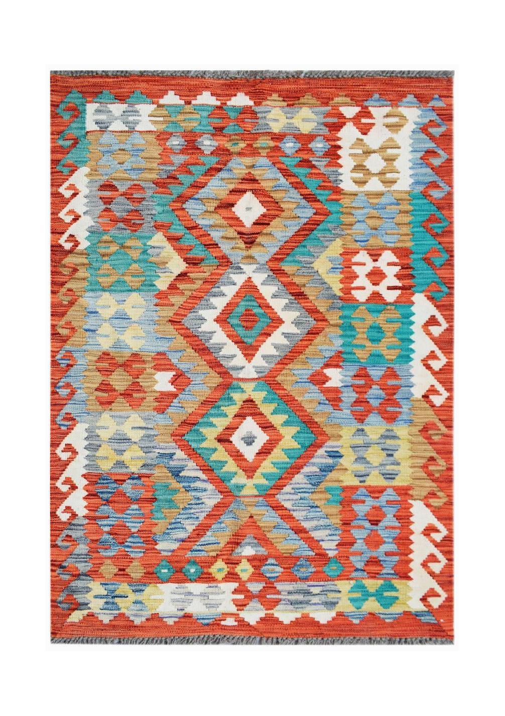 Handwoven Afghan Maimana kilim rug featuring a vibrant geometric pattern in wool.