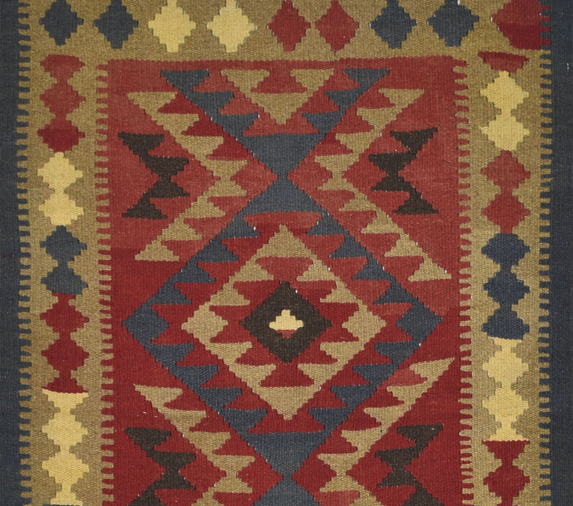 Handmade Afghan Maimana kilim rug featuring a geometric diamond pattern in red, tan, and blue.