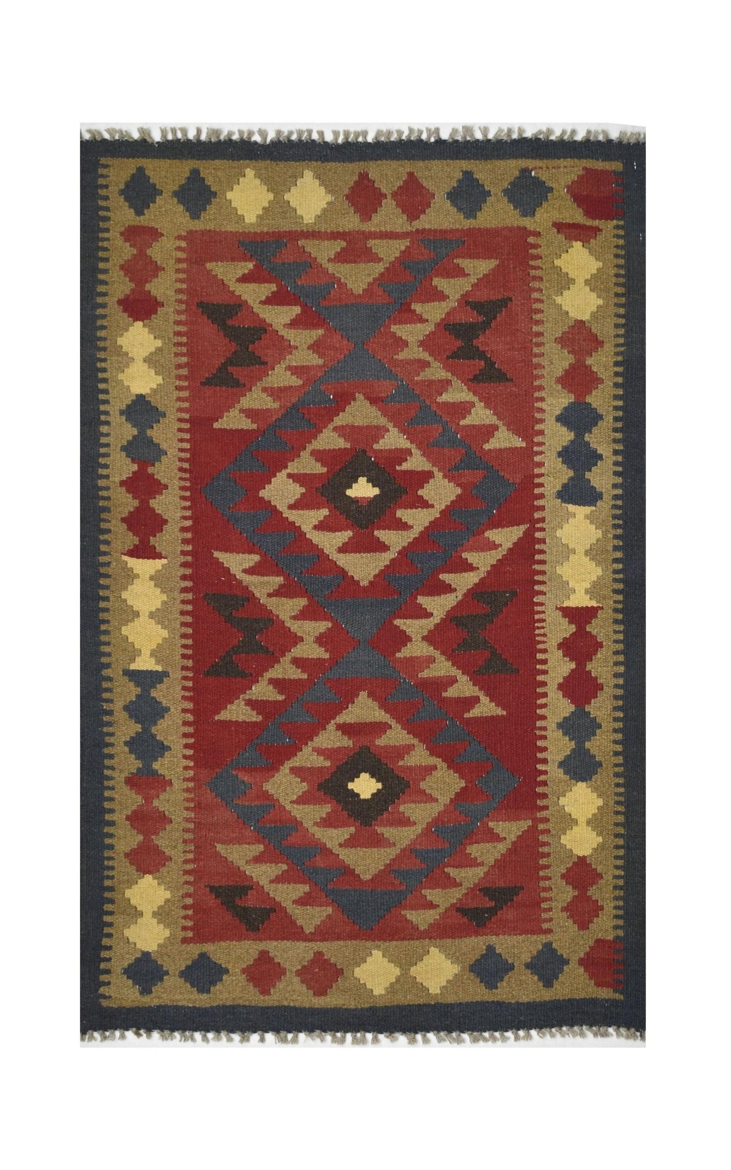 Handmade Afghan Maimana kilim rug featuring a geometric pattern in red, blue, and tan wool.