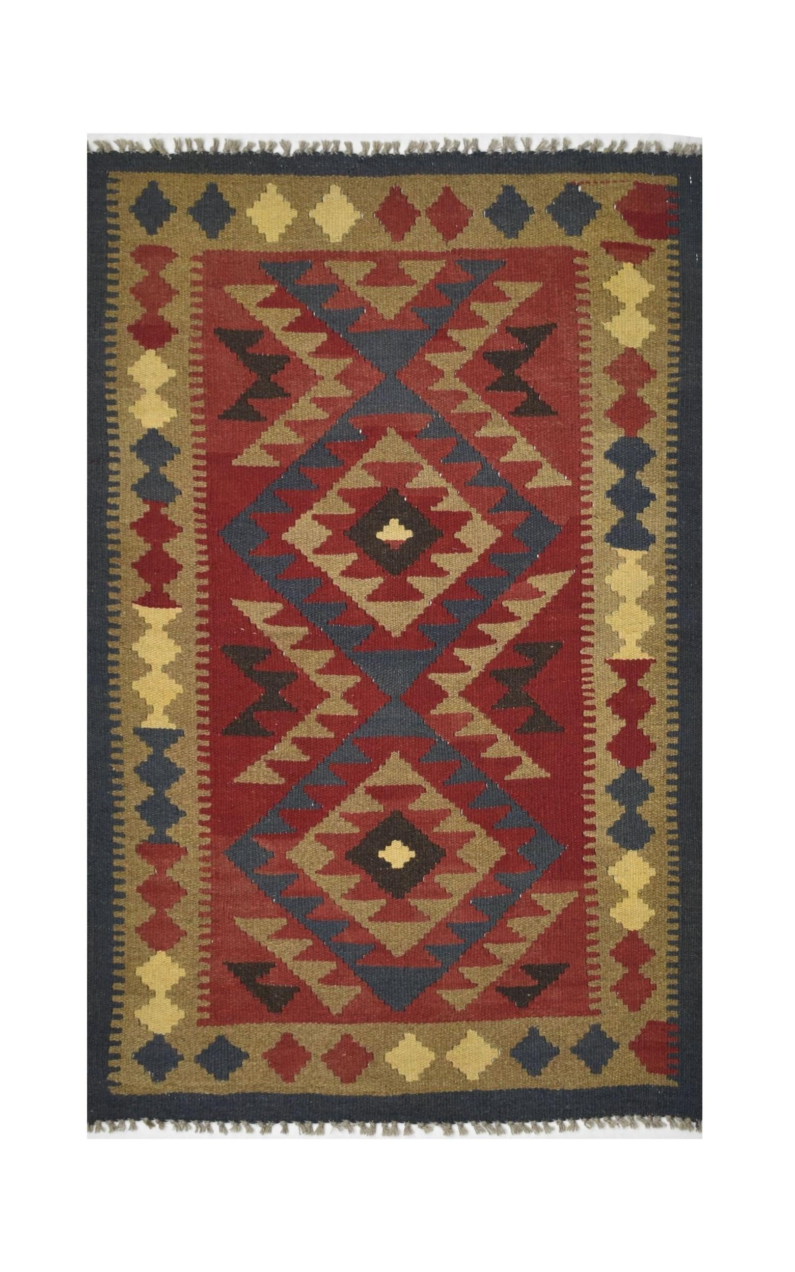 Handmade Afghan Maimana kilim rug featuring a geometric pattern in red, blue, and tan wool.