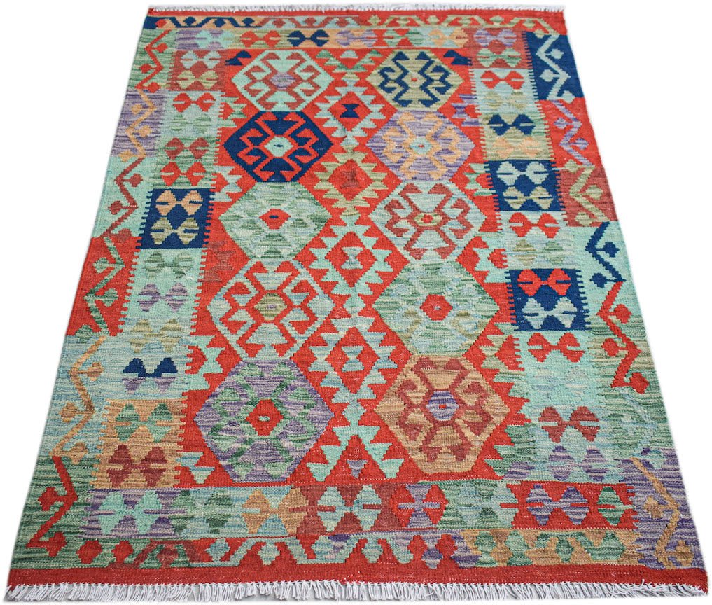 Afghan Maimana Kilim with geometric patterns in red, blue, and green.