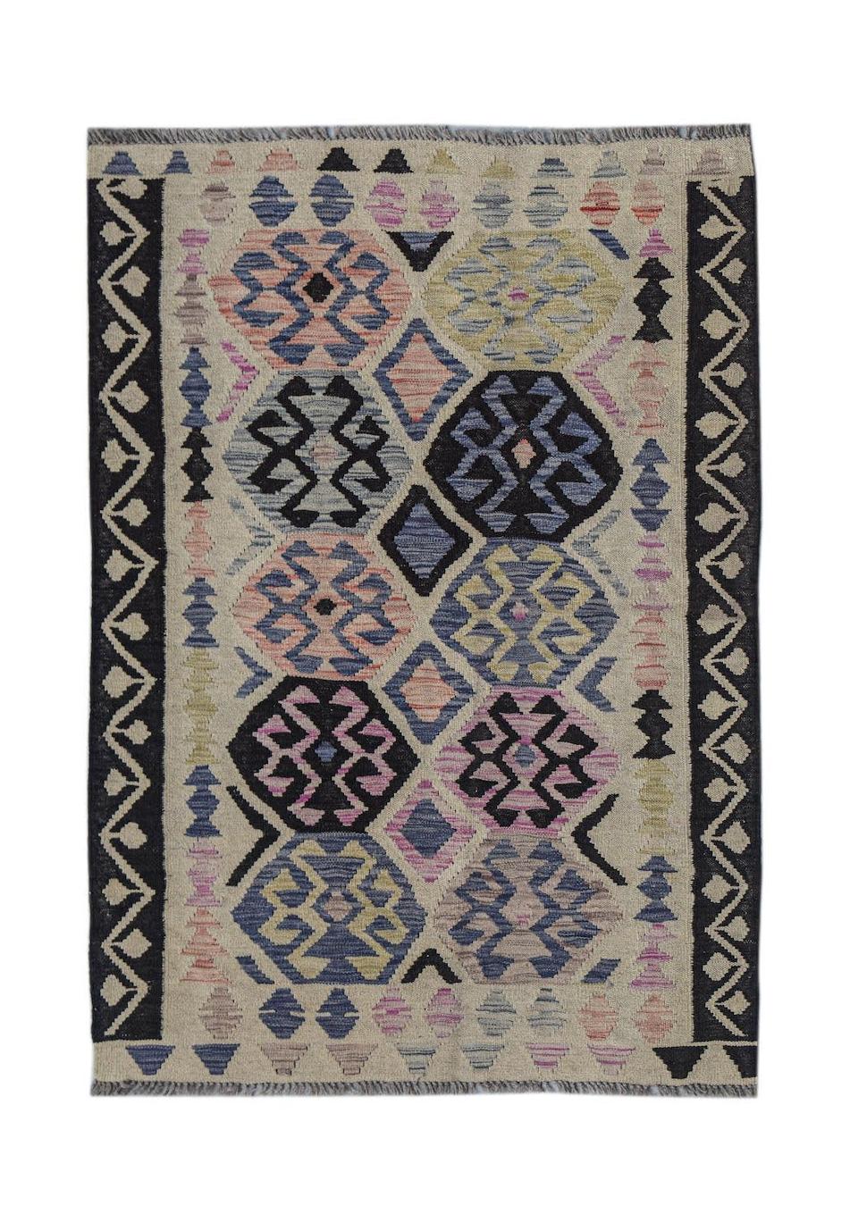 Afghan Maimana Kilim with geometric patterns in blue, pink, and black.