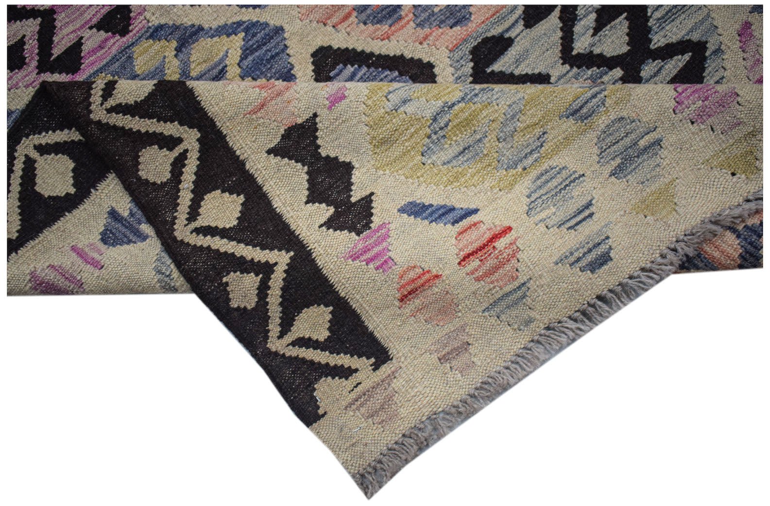 A handmade Afghan Maimana kilim rug featuring a geometric pattern in wool with a flatweave texture.