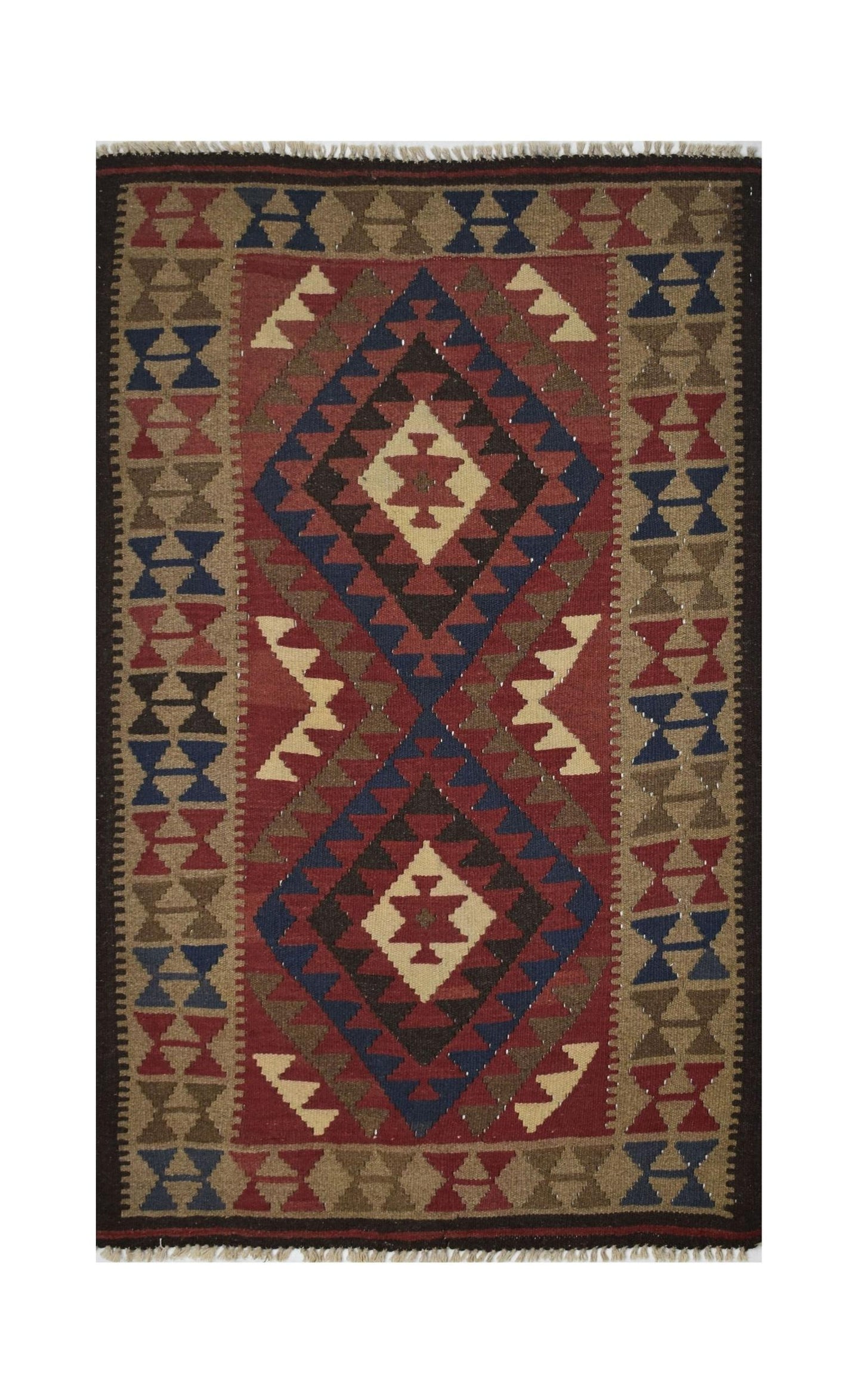 Handmade Afghan Maimana kilim rug featuring a geometric diamond pattern in red, blue, and tan.