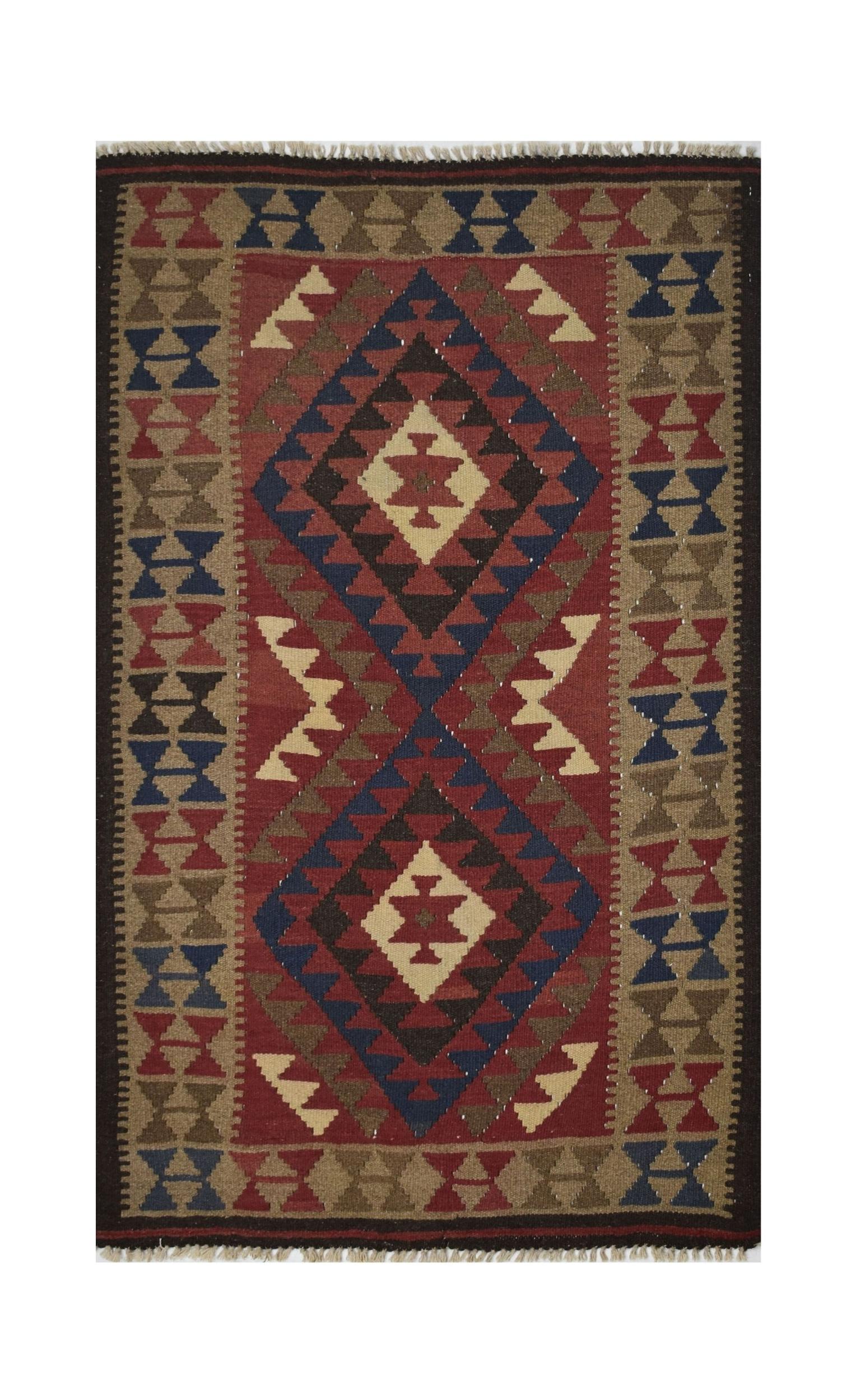 Handmade Afghan Maimana kilim rug featuring a geometric diamond pattern in red, blue, and tan.