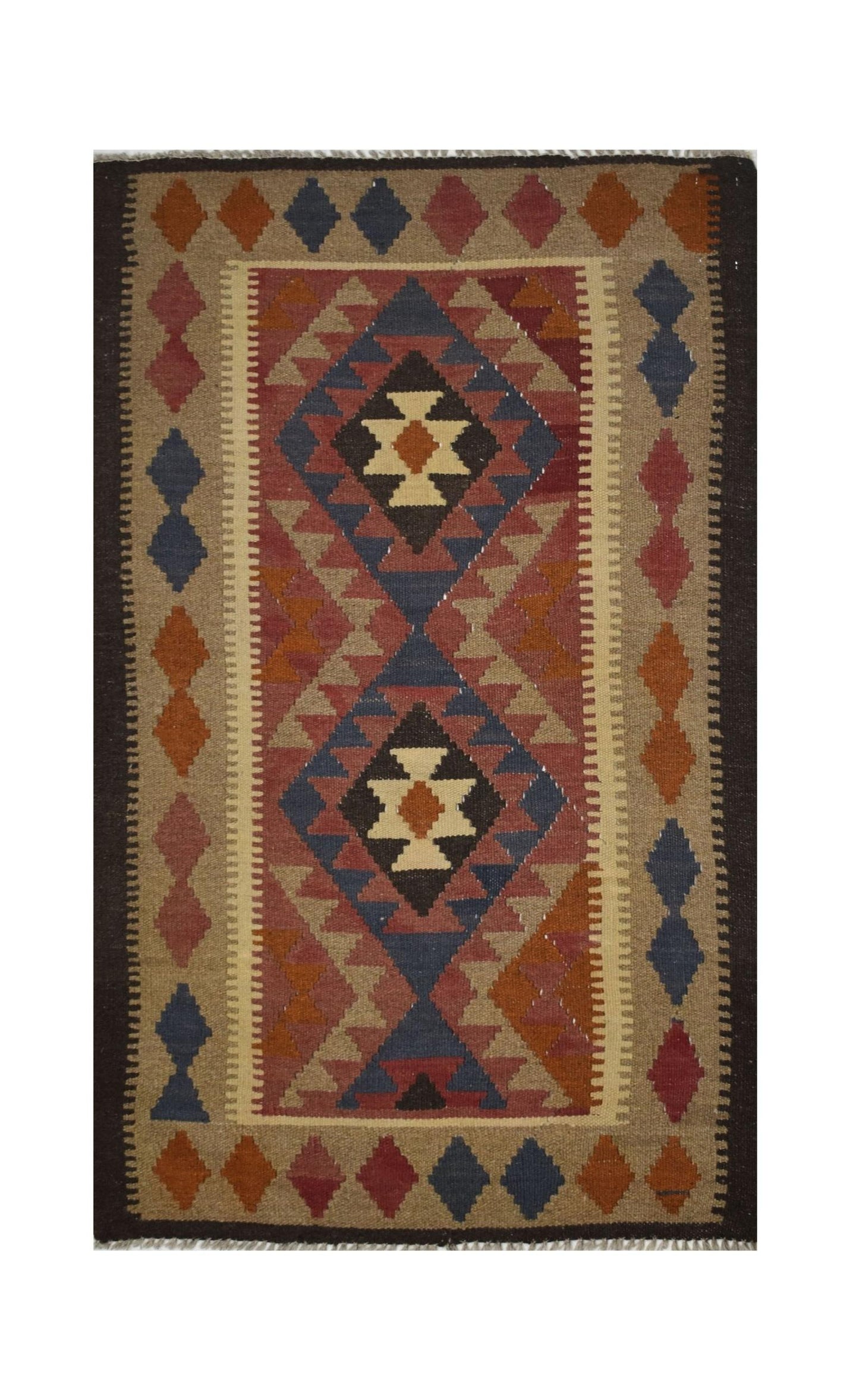 Handmade Afghan Maimana kilim rug featuring a geometric diamond pattern in earthy tones.