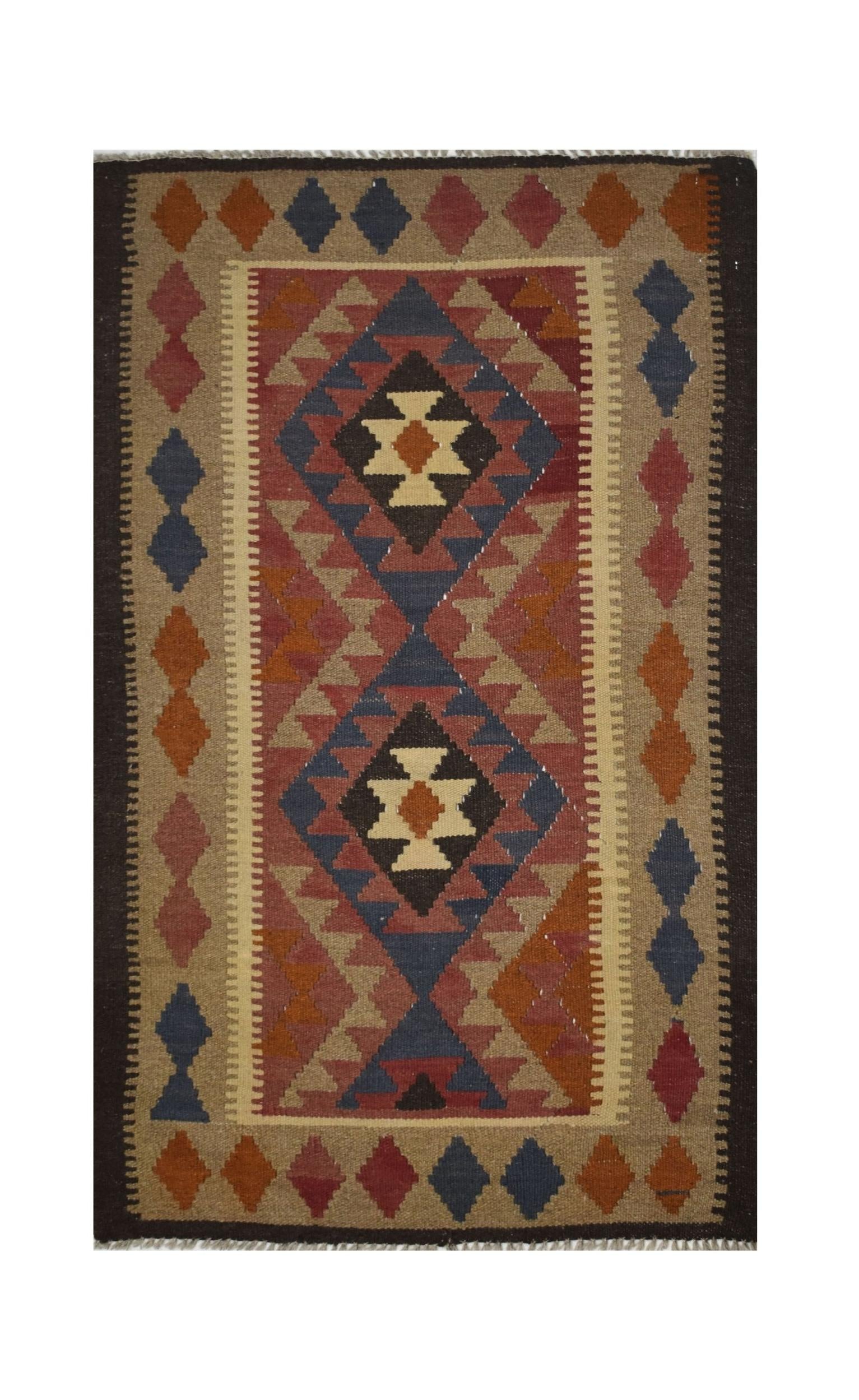 Handmade Afghan Maimana kilim rug featuring a geometric diamond pattern in earthy tones.