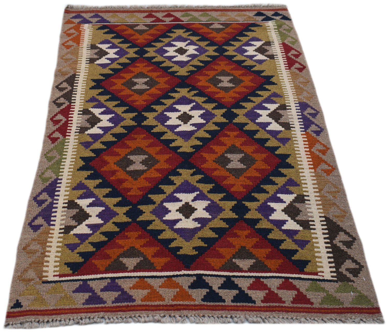 Handwoven Afghan Maimana kilim rug featuring a geometric diamond pattern in vibrant colors.