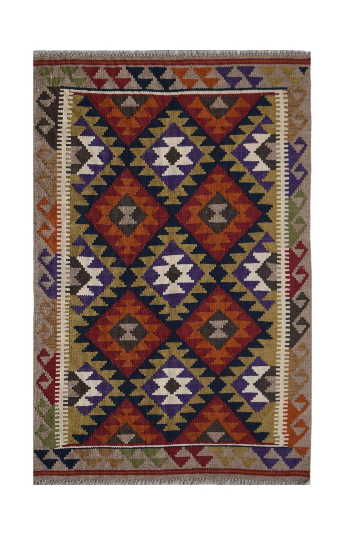 Handwoven Afghan Maimana kilim rug featuring a geometric diamond pattern in rich, earthy tones.