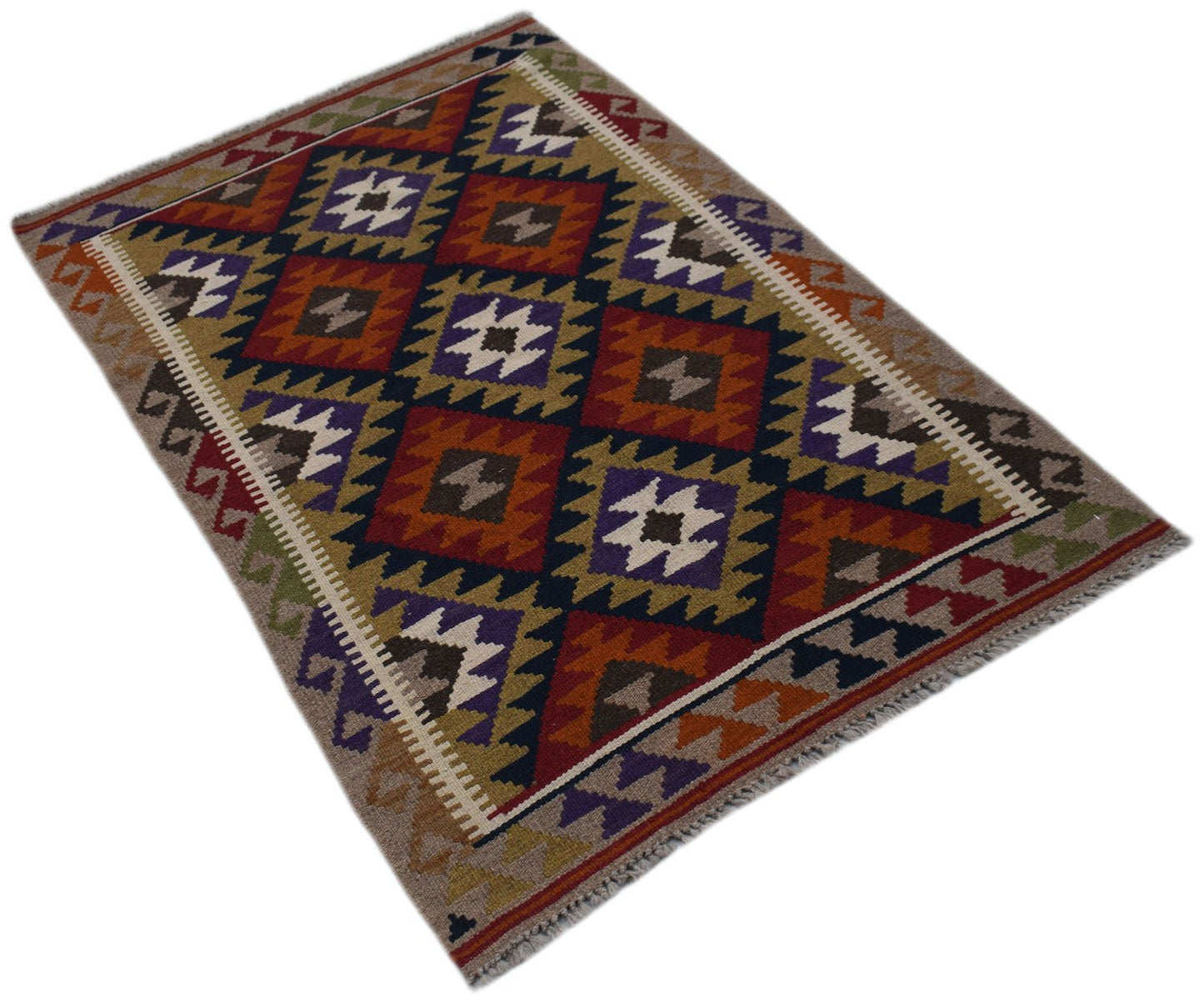 Handwoven Afghan Maimana kilim rug featuring a geometric diamond pattern in earthy tones.