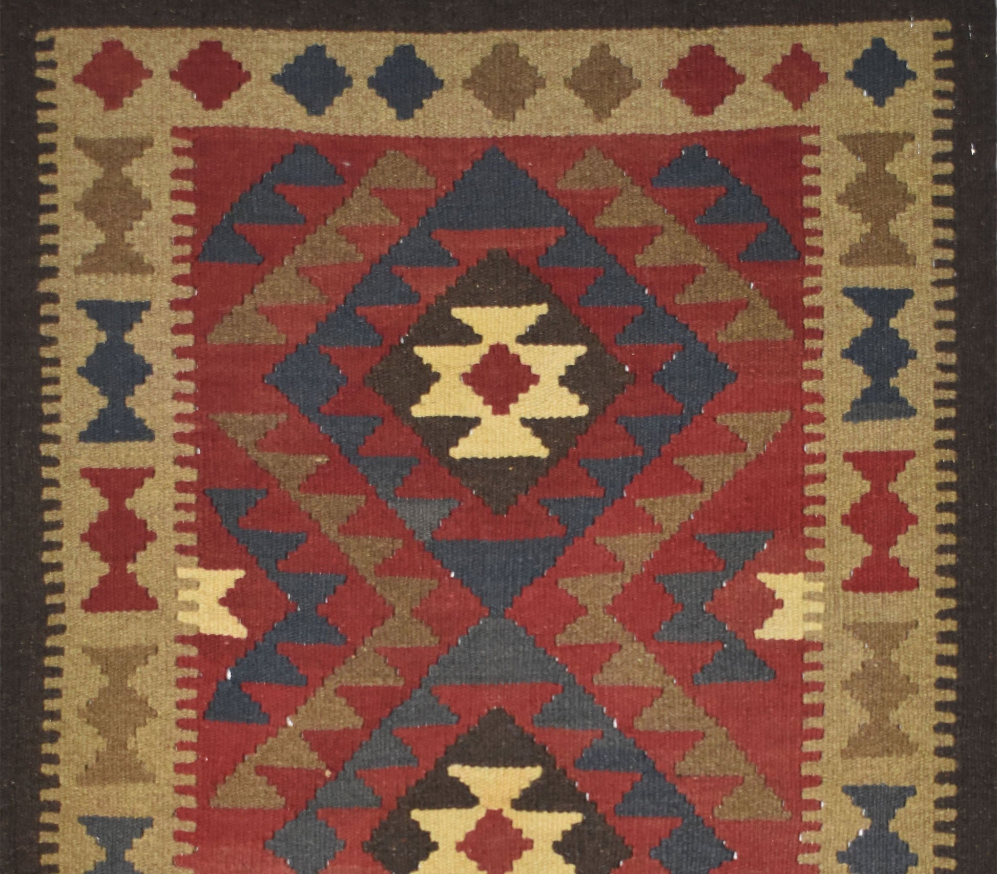 Handmade Afghan Maimana kilim rug featuring a geometric diamond pattern in red, brown, and tan.