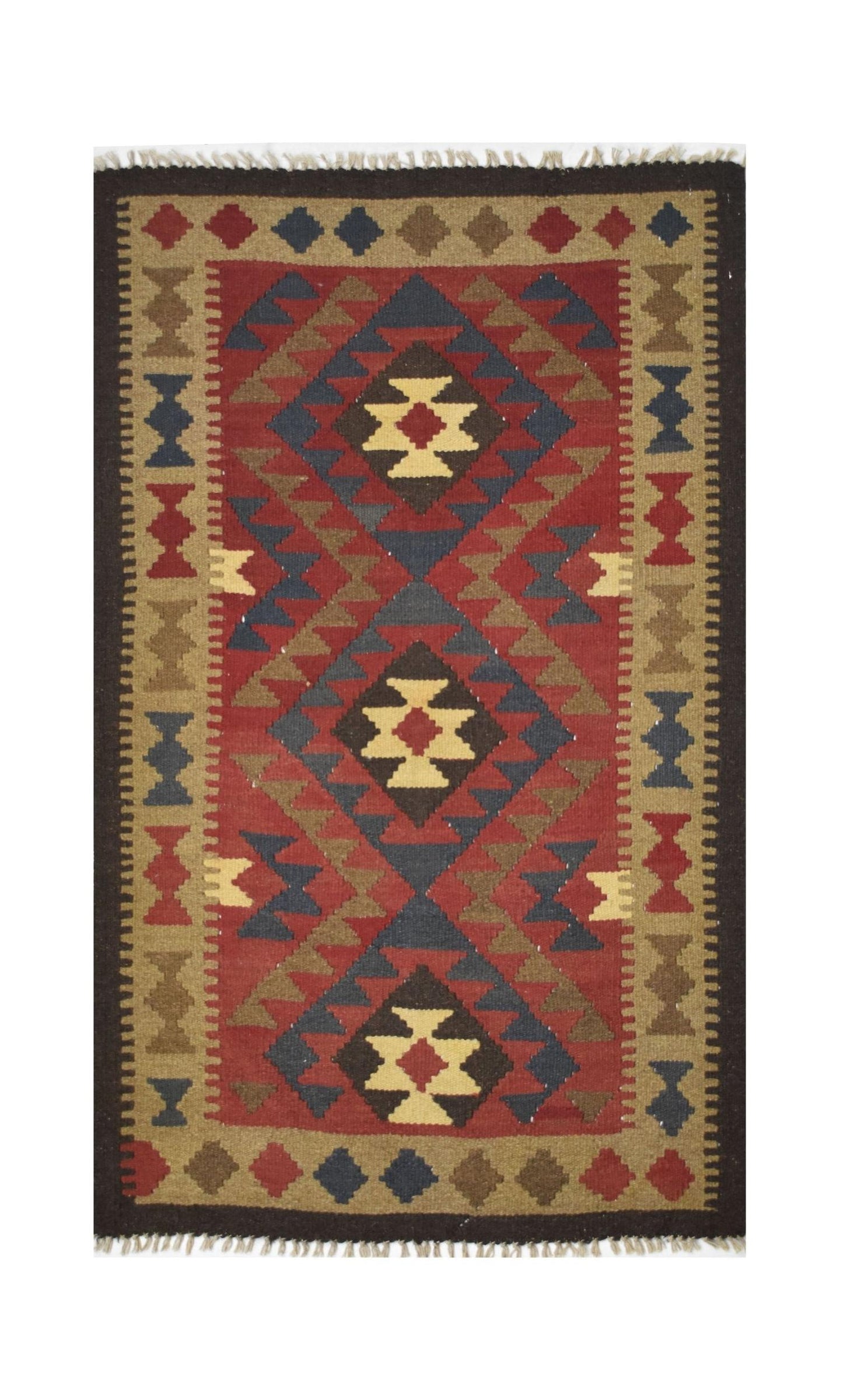 Handmade Afghan Maimana kilim rug featuring a geometric pattern in red, brown, and cream tones.