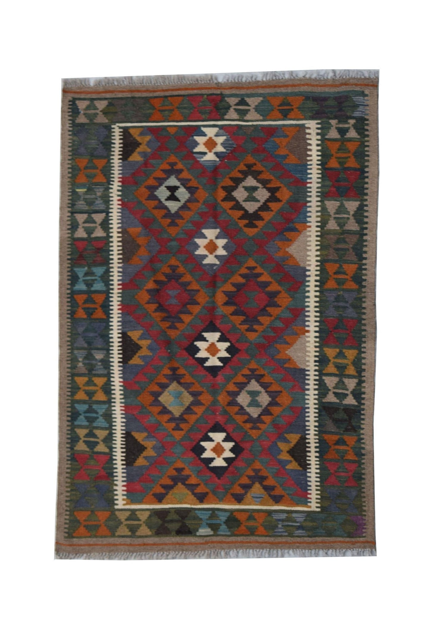 Handwoven Afghan Maimana kilim rug featuring a colorful geometric diamond pattern.