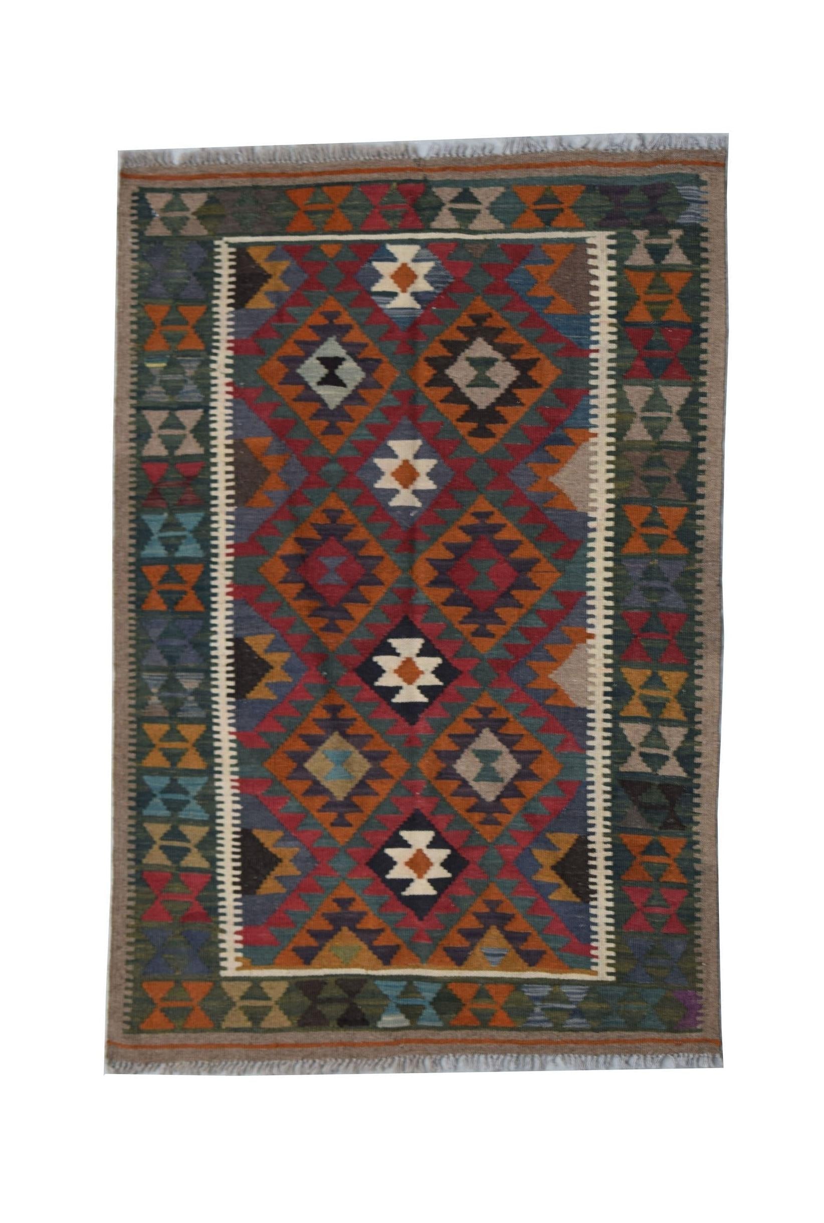 Handwoven Afghan Maimana kilim rug featuring a colorful geometric diamond pattern.