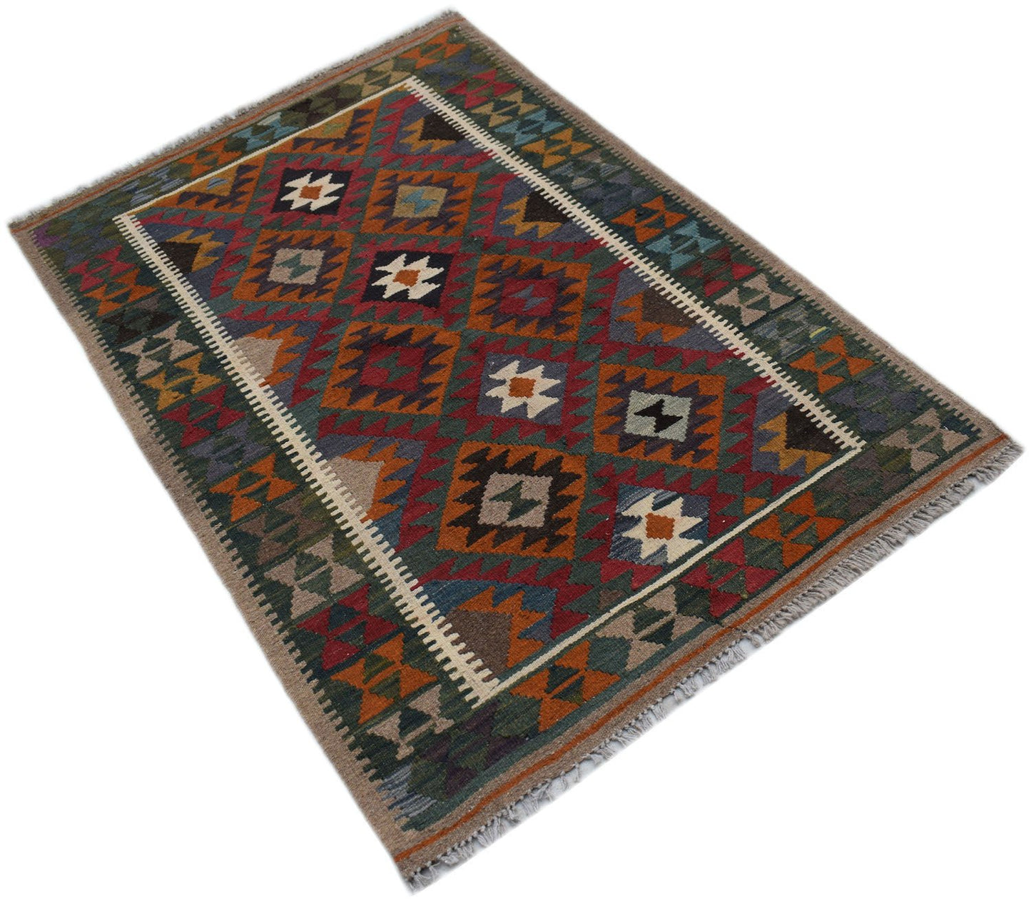 Handwoven Afghan Maimana kilim rug featuring a geometric pattern in rich, multicolored wool.