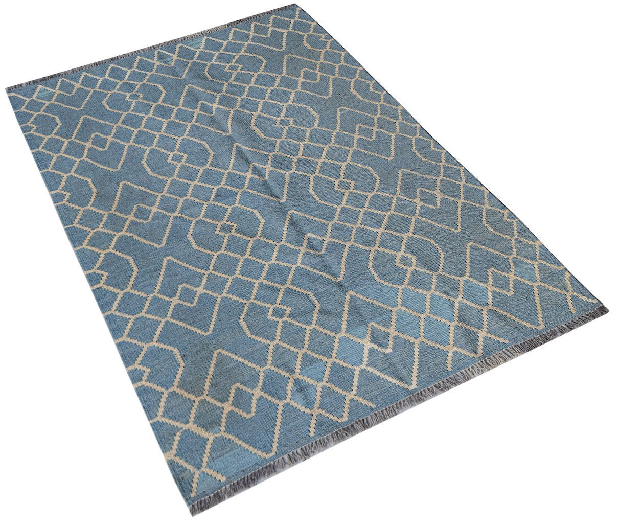 Afghan Maimana Kilim with a blue and beige geometric pattern.