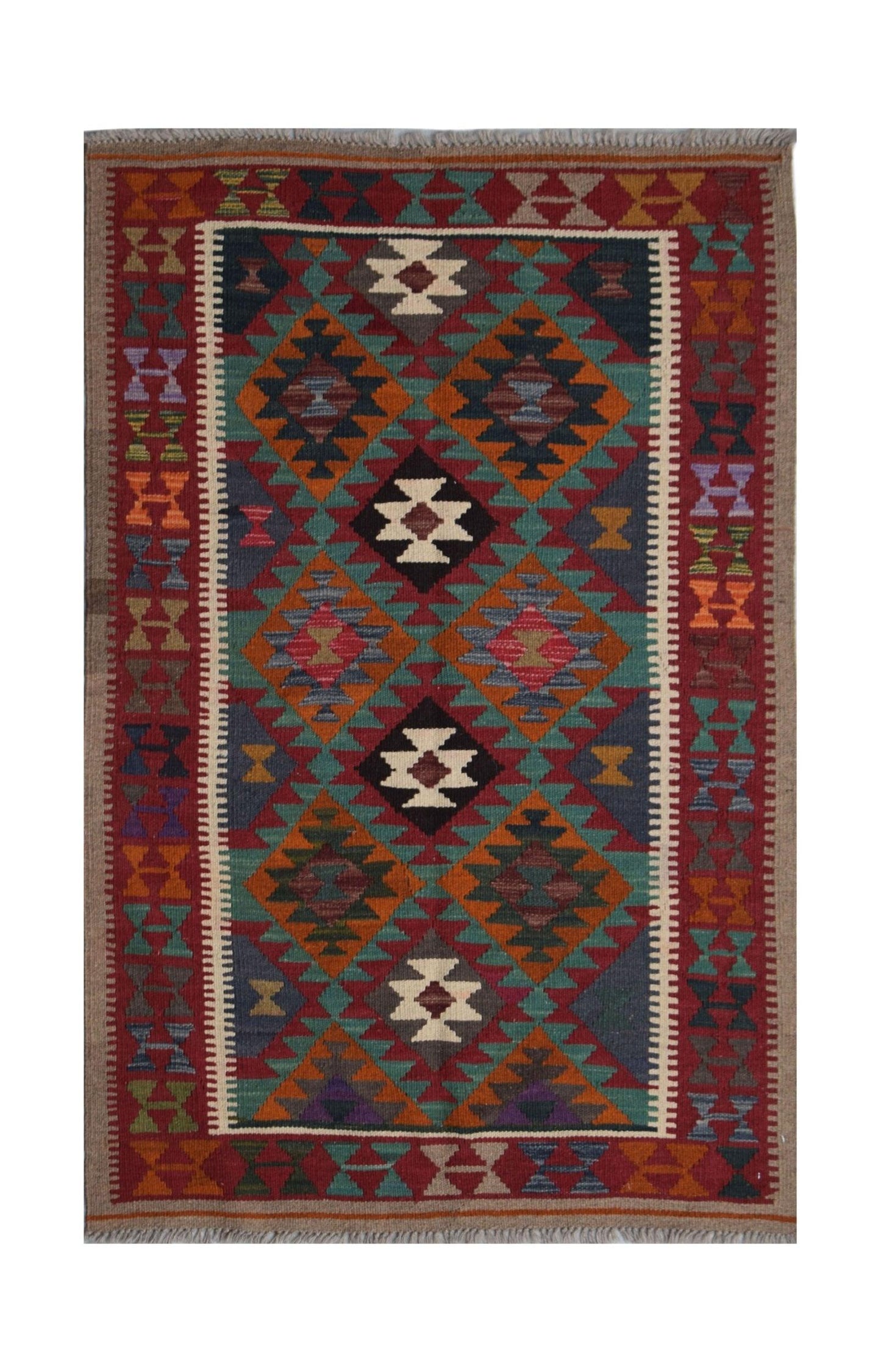 Handwoven Afghan Maimana kilim rug featuring a colorful geometric diamond pattern in wool.