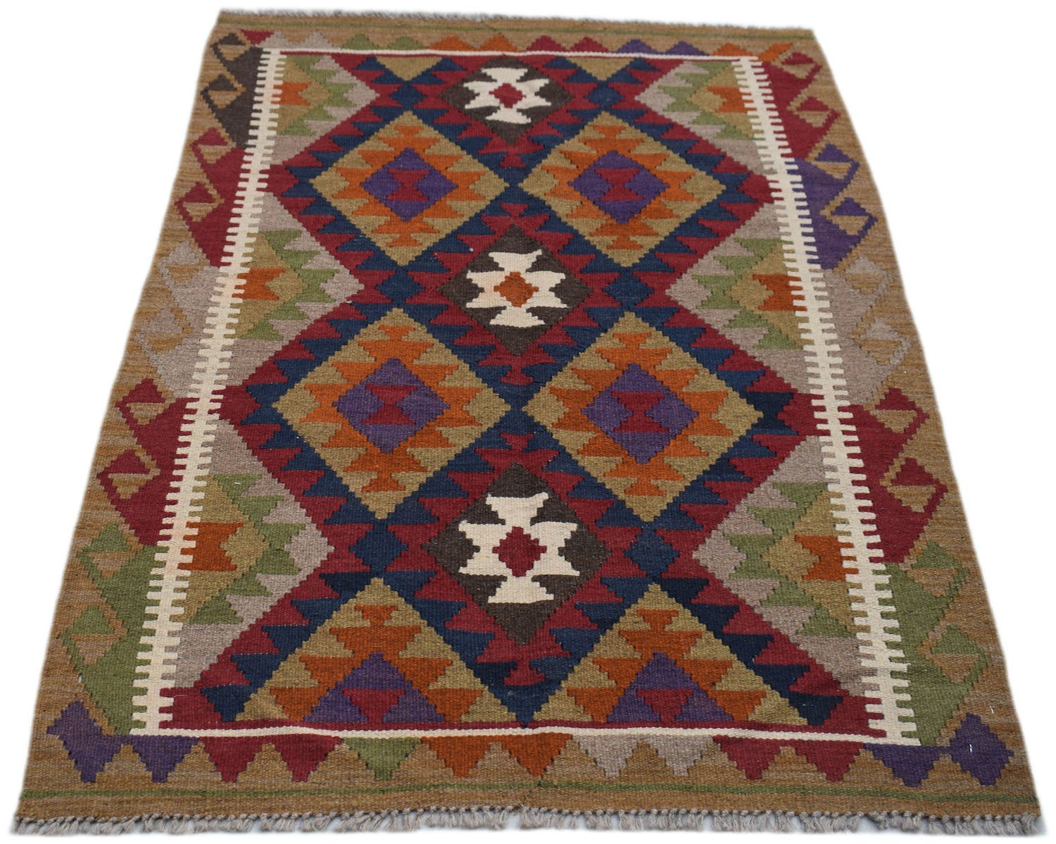 Handwoven Afghan Maimana kilim rug featuring a geometric diamond pattern in vibrant colors.