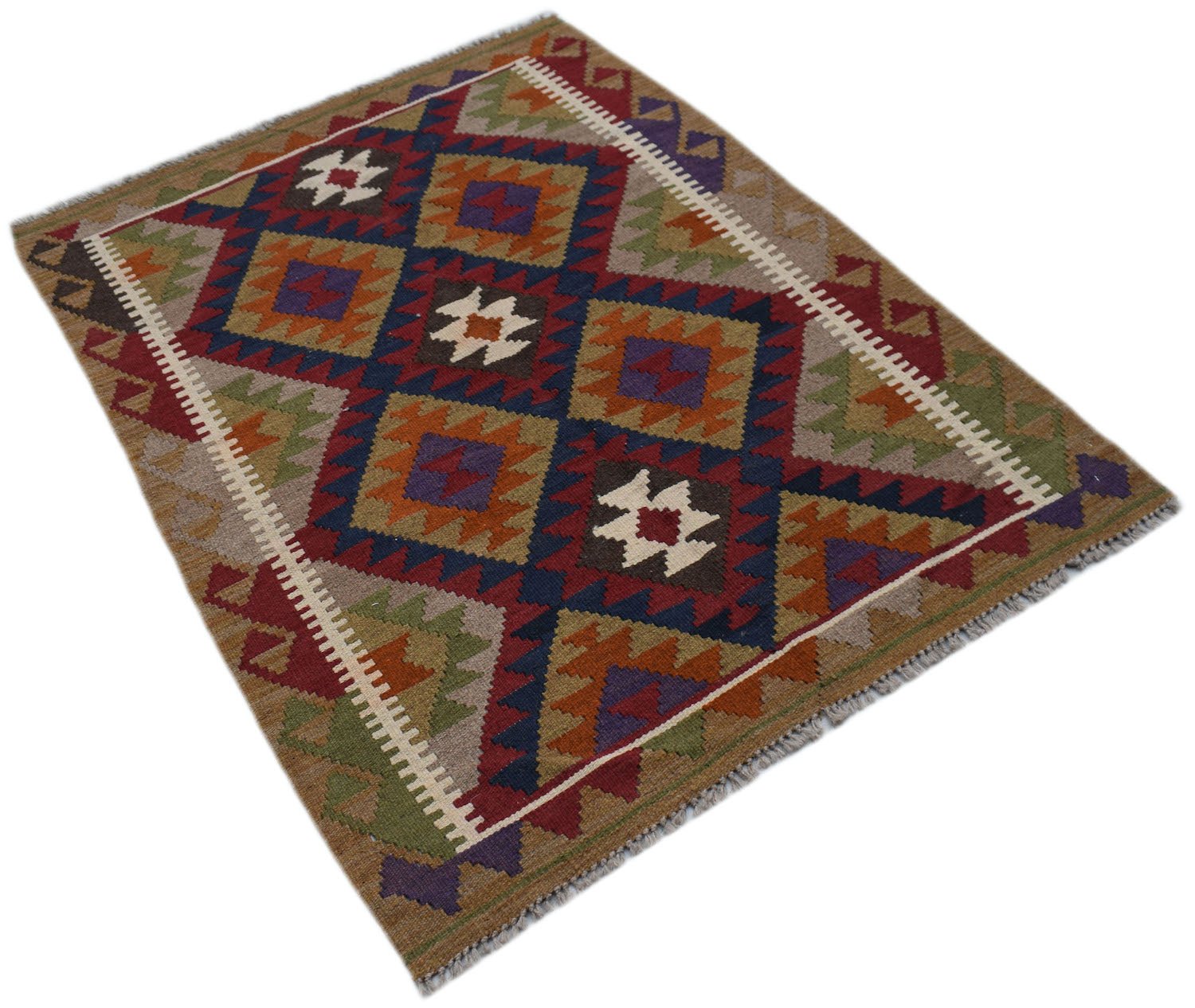 Handwoven Afghan Maimana kilim rug featuring a geometric diamond pattern in earthy tones.