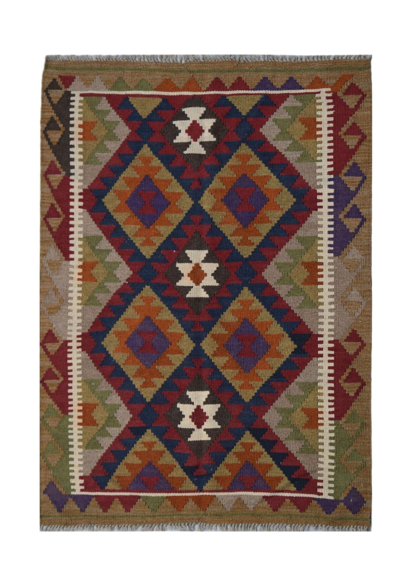 Handwoven Afghan Maimana kilim rug featuring a geometric diamond pattern in vibrant colors.