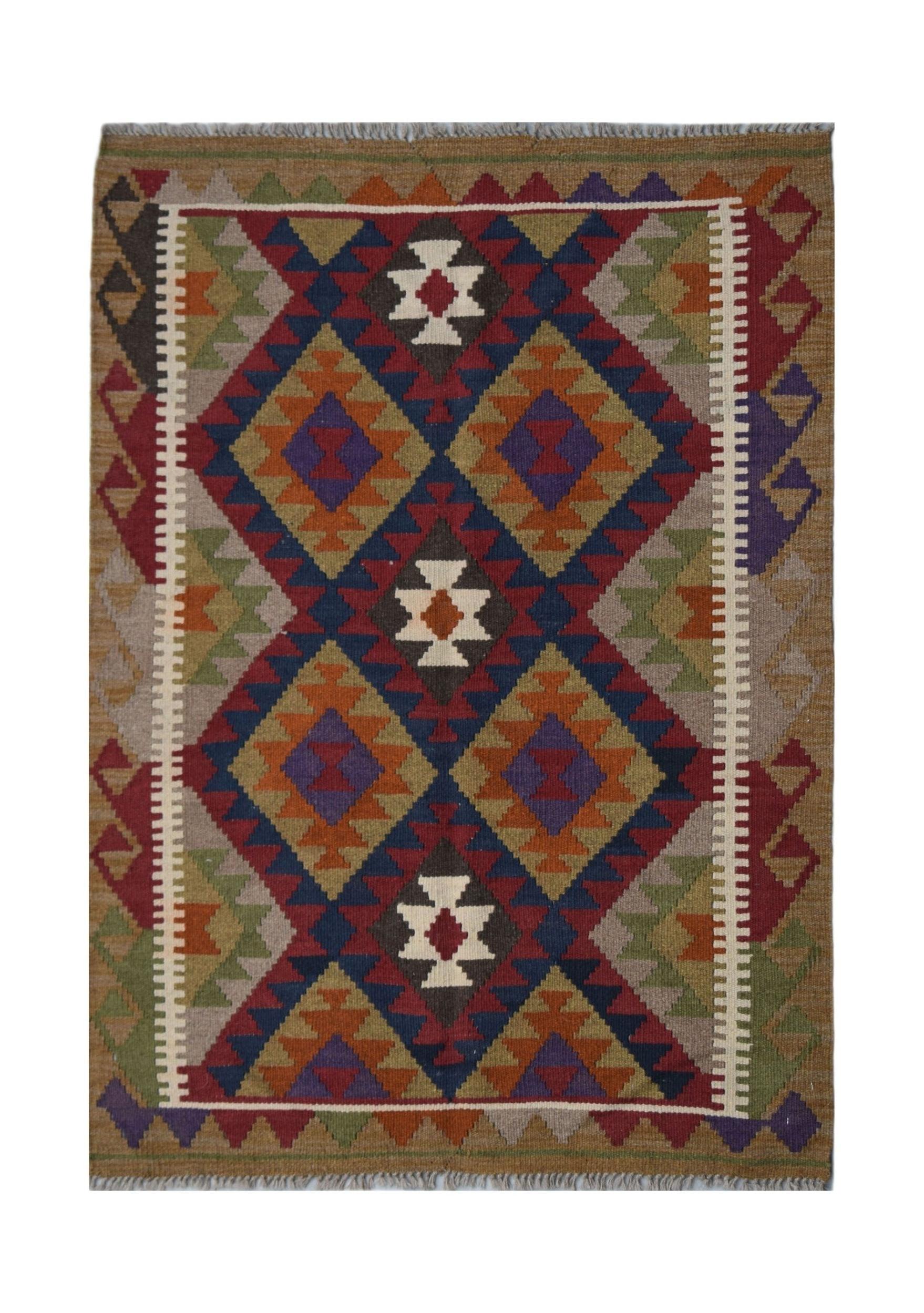 Handwoven Afghan Maimana kilim rug featuring a geometric diamond pattern in vibrant colors.