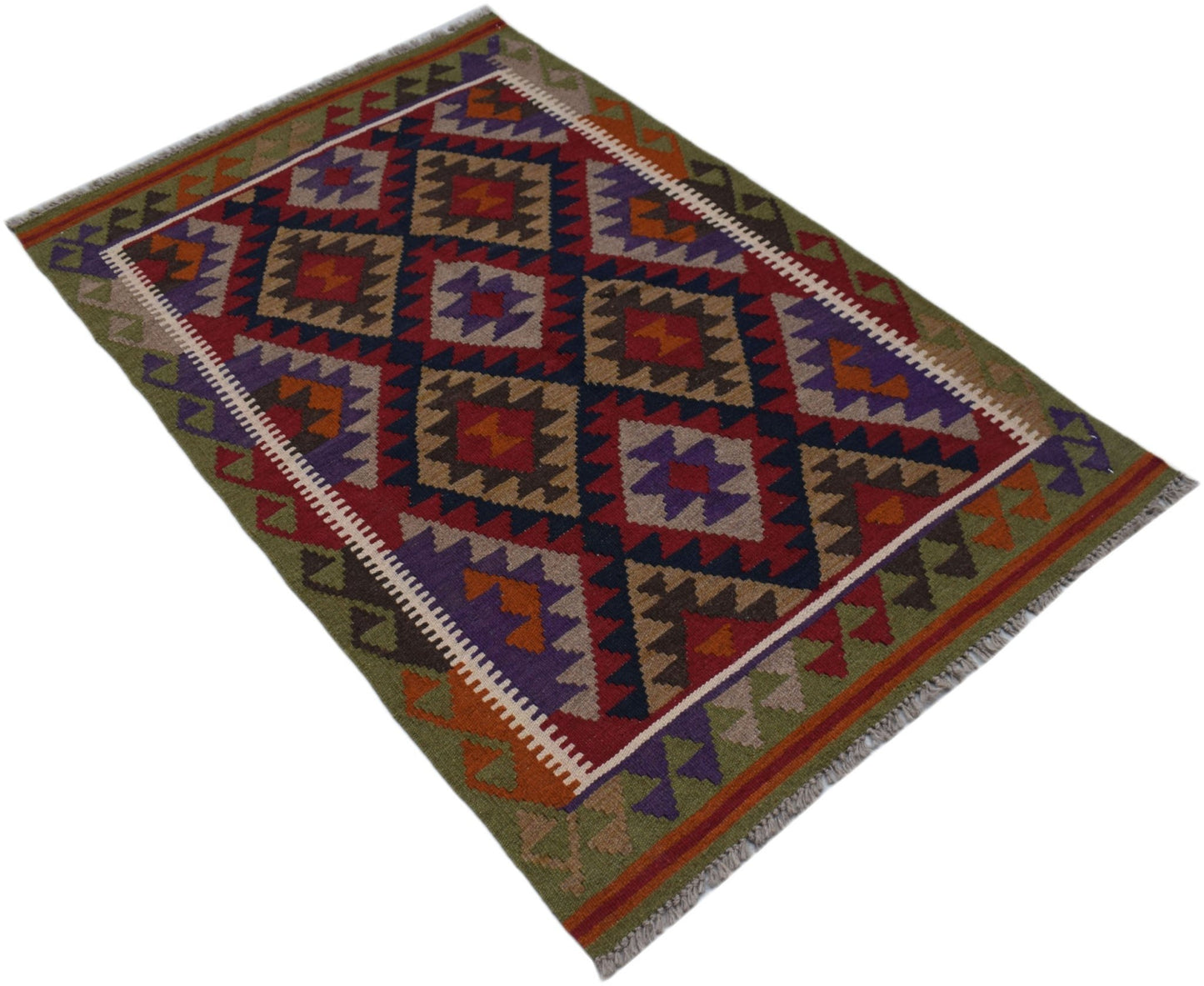 Handwoven Afghan Maimana kilim rug featuring a geometric diamond pattern in vibrant wool colors.