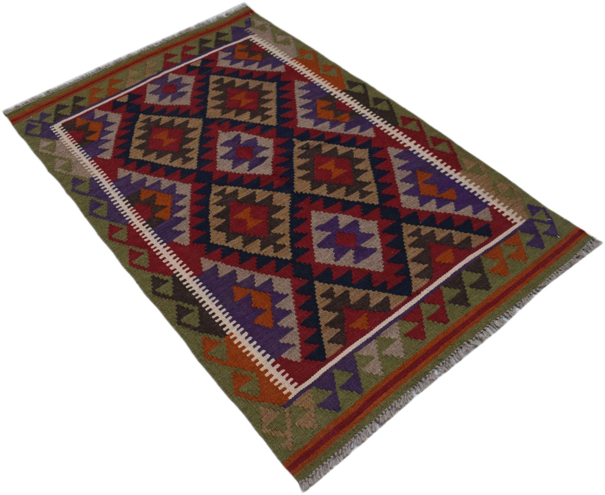 Handwoven Afghan Maimana kilim rug featuring a geometric diamond pattern in vibrant wool colors.