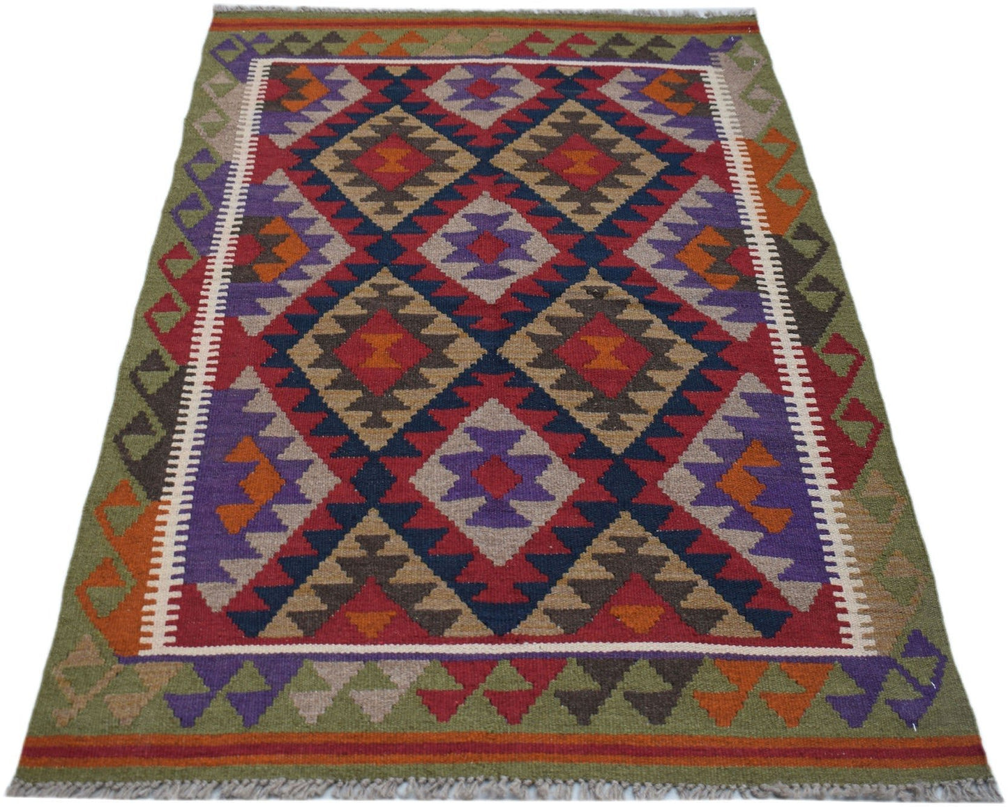 Handwoven Afghan Maimana kilim rug featuring a colorful geometric diamond pattern in wool.