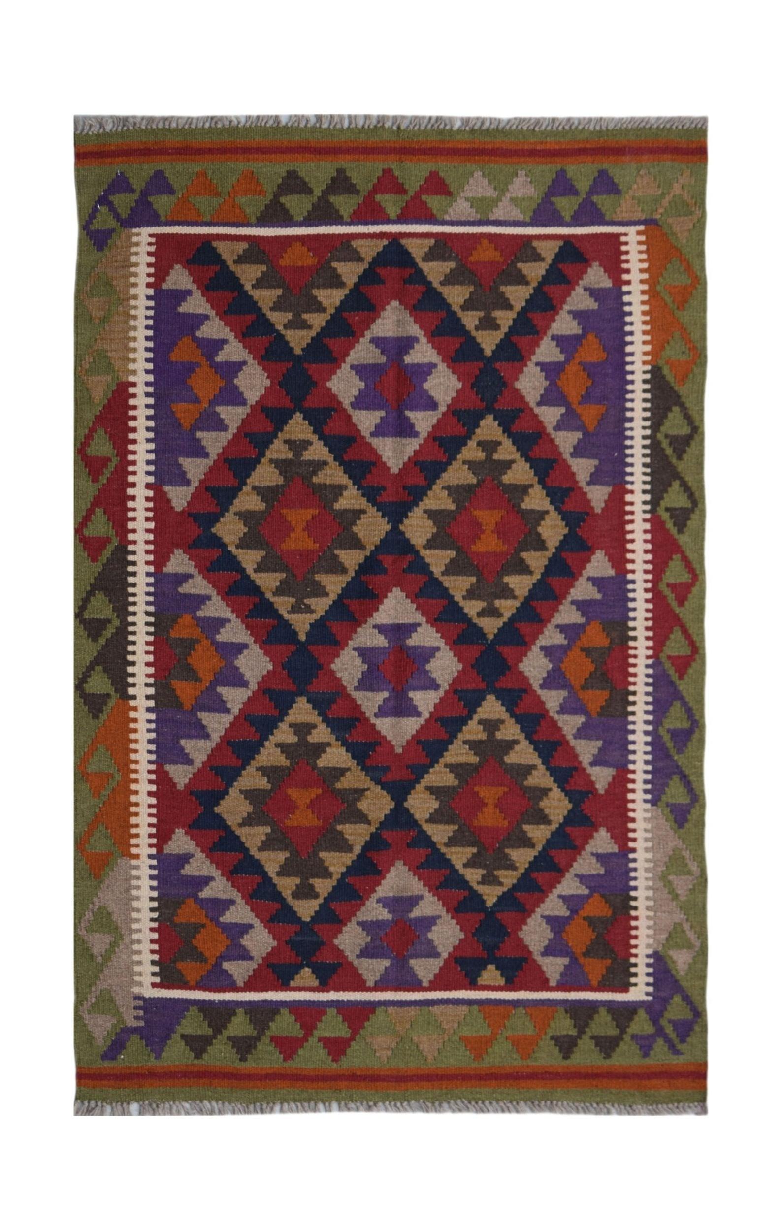 Handwoven Afghan Maimana kilim rug featuring a geometric diamond pattern in vibrant wool colors.