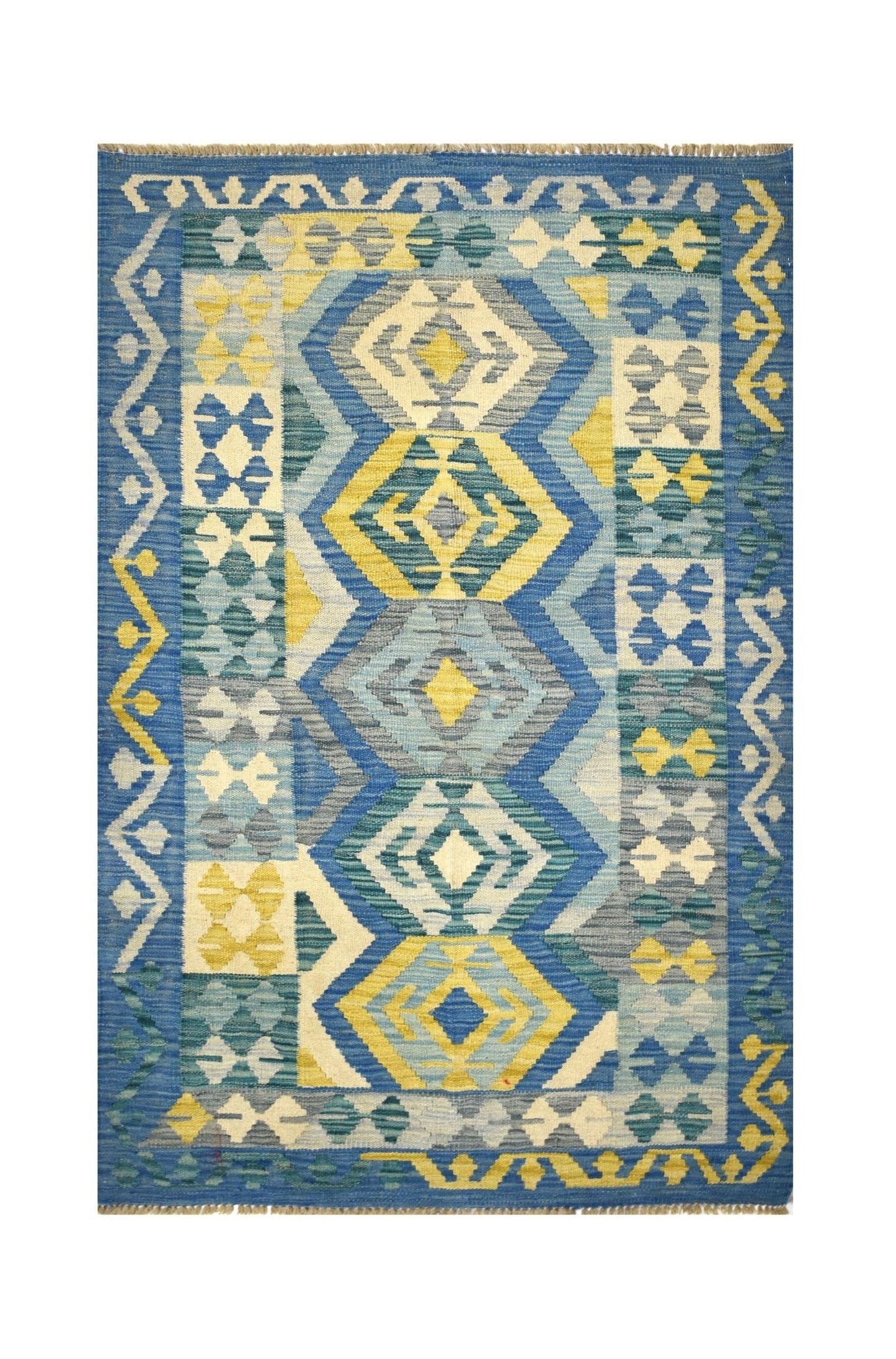 Handmade Afghan Maimana kilim rug featuring a geometric pattern in shades of blue, yellow, and grey.