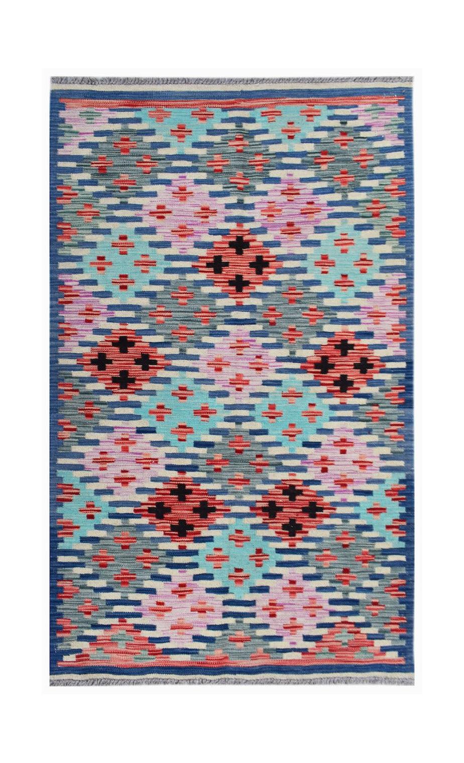 Handwoven Afghan Maimana kilim featuring a geometric pattern in blue, pink, and red tones.