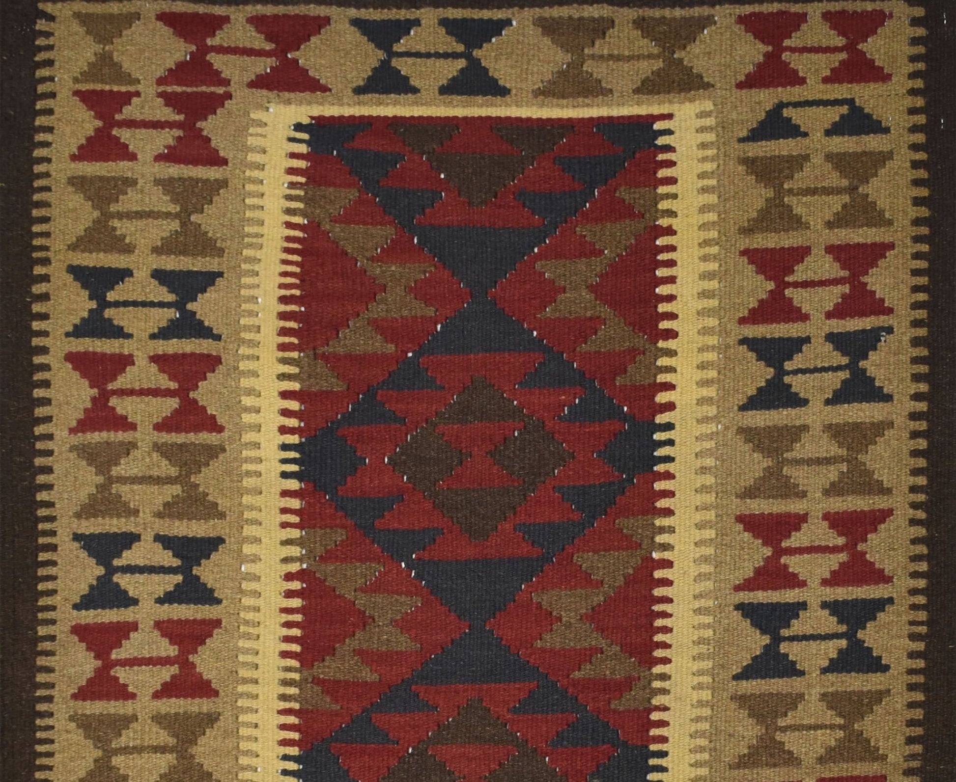 Handmade Afghan Maimana kilim rug featuring a geometric pattern in red, brown, and dark blue.