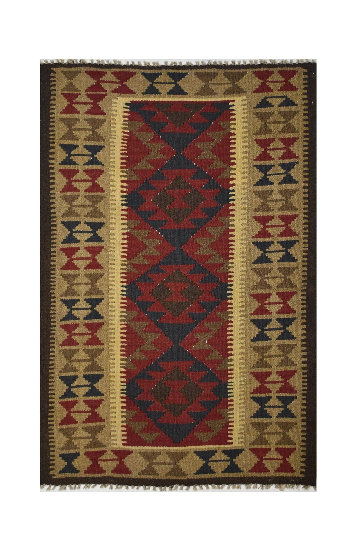 Handmade Afghan Maimana kilim rug featuring a geometric pattern in red, blue, and natural wool.