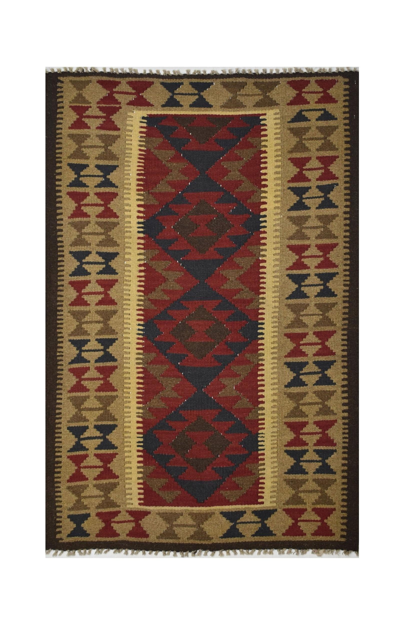 Handmade Afghan Maimana kilim rug featuring a geometric pattern in red, blue, and natural wool.